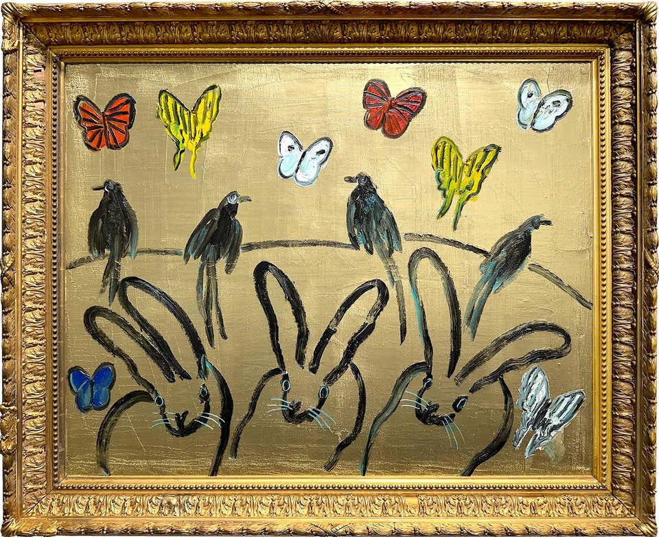 Hunt Slonem Rabbit Hunt Slonem - Bunny, white on Pink Diamond Dust, Antique Frame ...