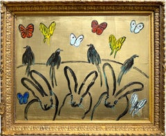 Peinture à l'huile « Whydahs Longtail » représentant des lapins, des oiseaux et des papillons sur fond doré