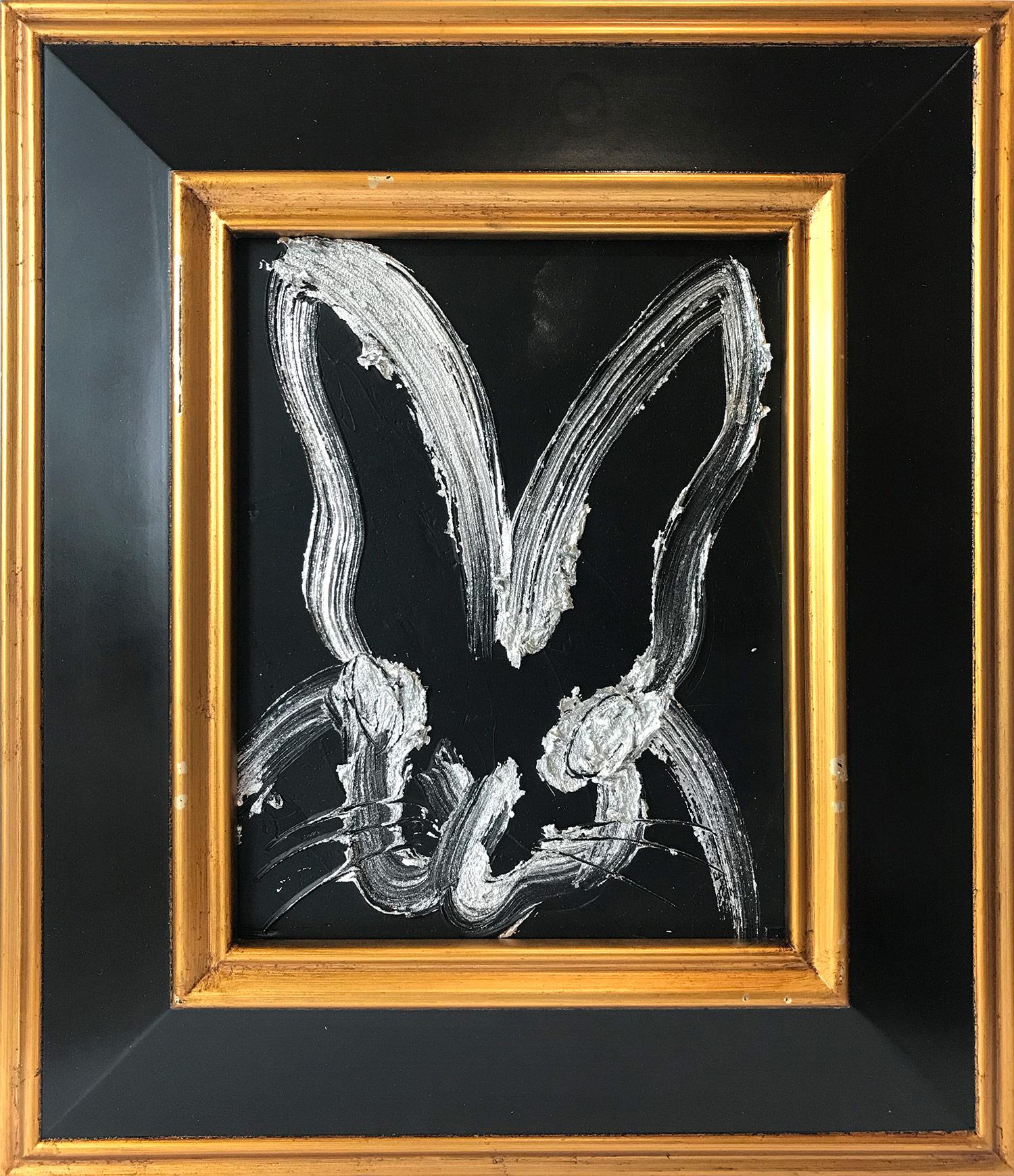 Hunt Slonem Animal Painting - "Wide Mark" (Silver Bunny on Black Background) Oil Painting on Wood Panel