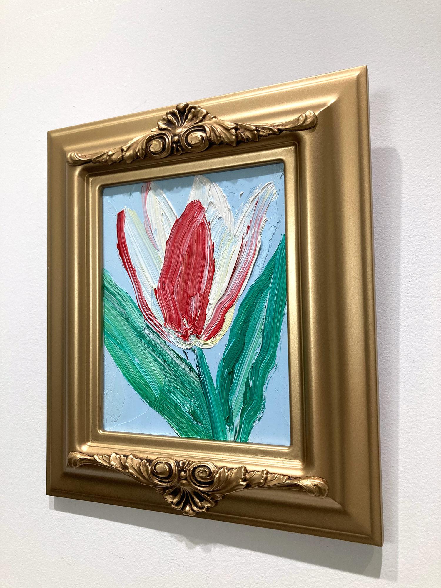 „Wide Open“ Rot-weiße Tulpe auf hellem Himmelblauem Hintergrund, Ölgemälde, gerahmt im Angebot 10