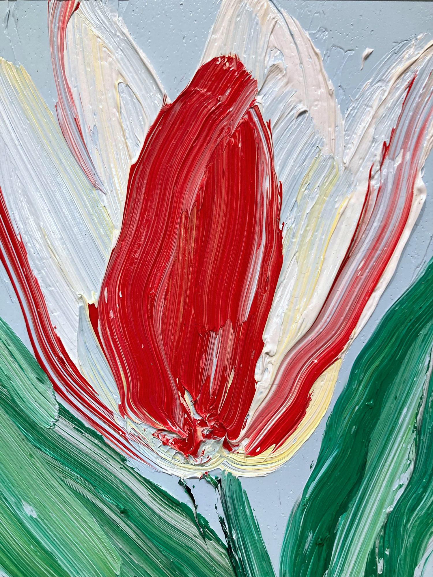 « Wide Open », tulipe rouge et blanche sur fond bleu ciel clair, peinture à l'huile encadrée en vente 1