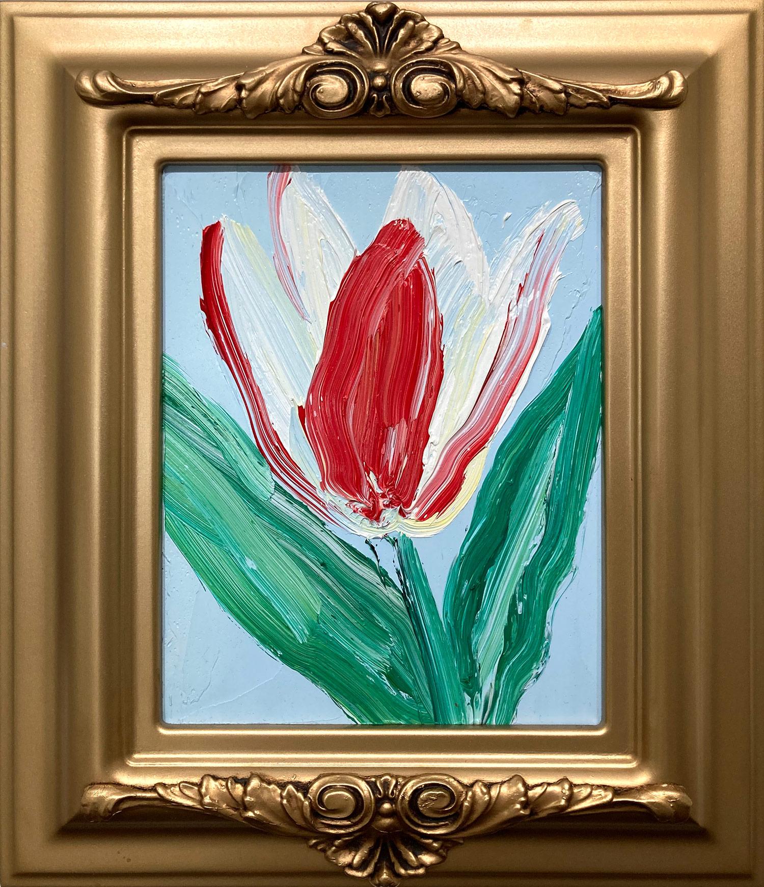 « Wide Open », tulipe rouge et blanche sur fond bleu ciel clair, peinture à l'huile encadrée