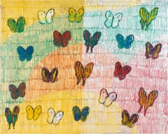 "Caleidoscopio alado" Mariposas sobre fondo plateado y dorado Pintura al óleo