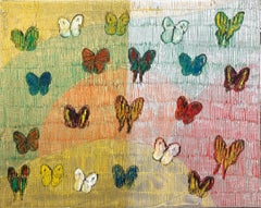 "Winged Kaleidoscope" Butterflies on Silver & Gold Background Oil Painting