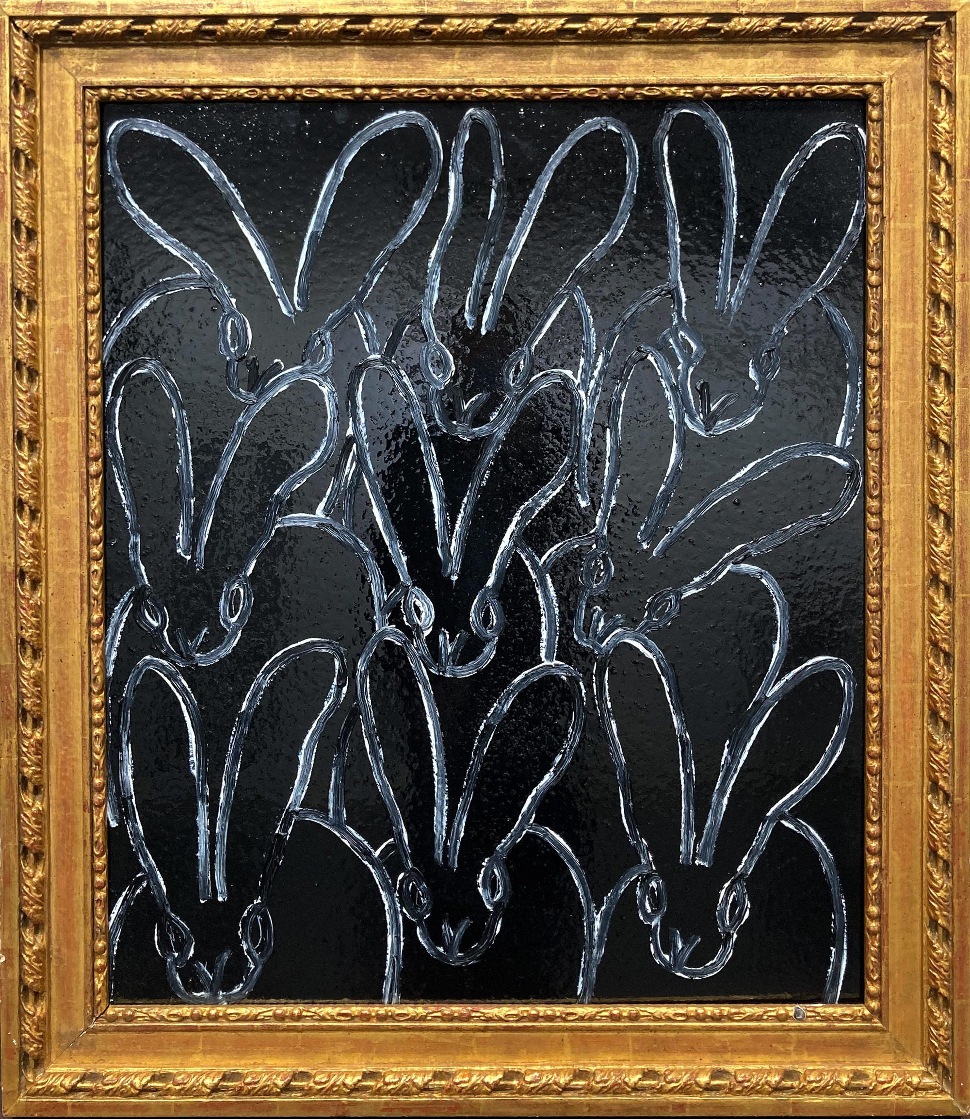 "Winter 4:30" White Bunnies on Black Diamond Dust Oil Painting in Antique Frame