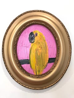 "Yellow Bird" (Oval Yellow Cockatoo with Pink Background on Wood Panel)