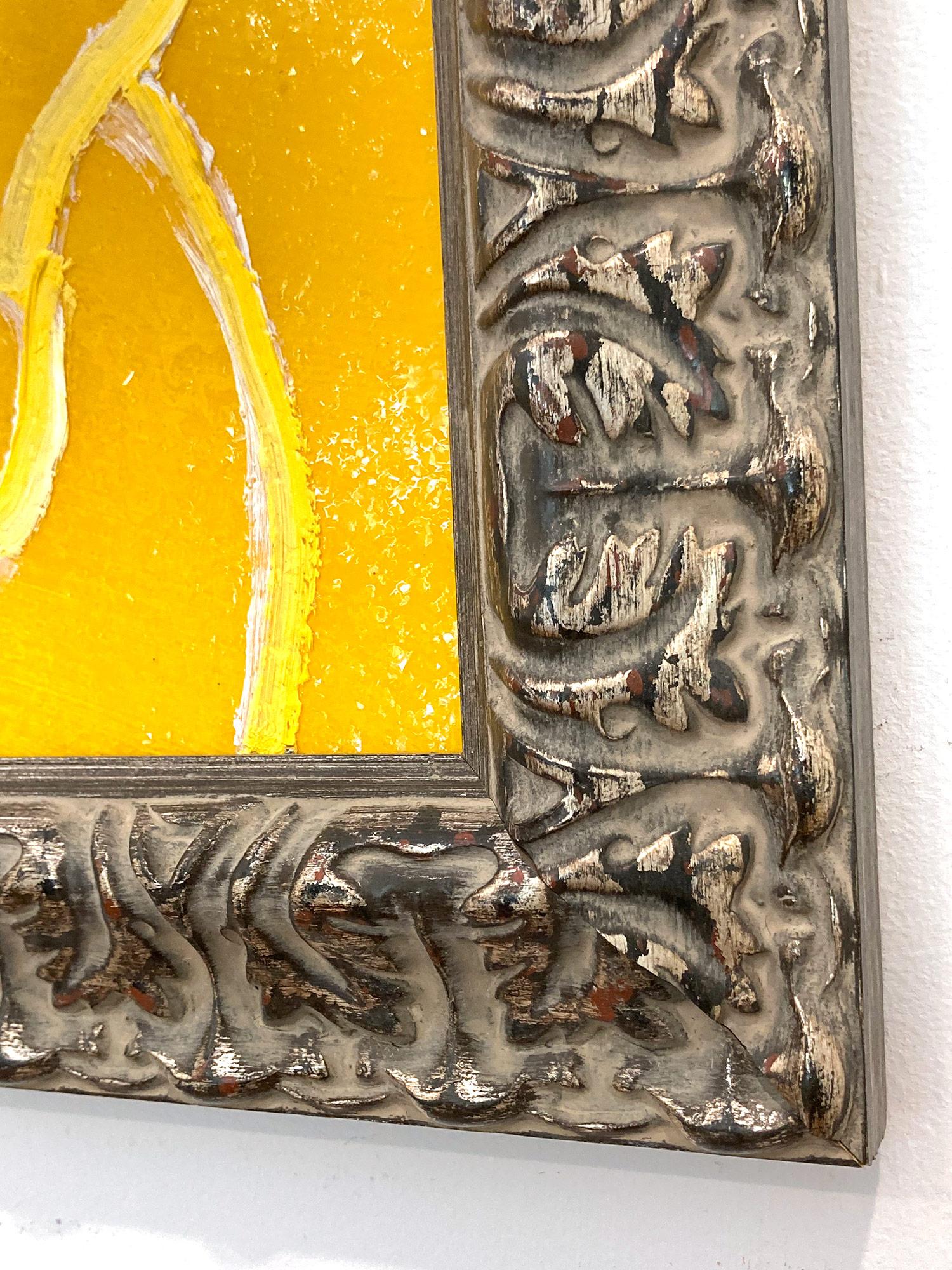Bunny jaune avec peinture à l'huile sur panneau de bois encadré en vente 4