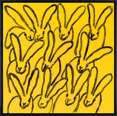 Hunt Slonem "Yellow Hutch" Conejitos neoexpresionistas Pintura al óleo sobre lienzo enmarcada