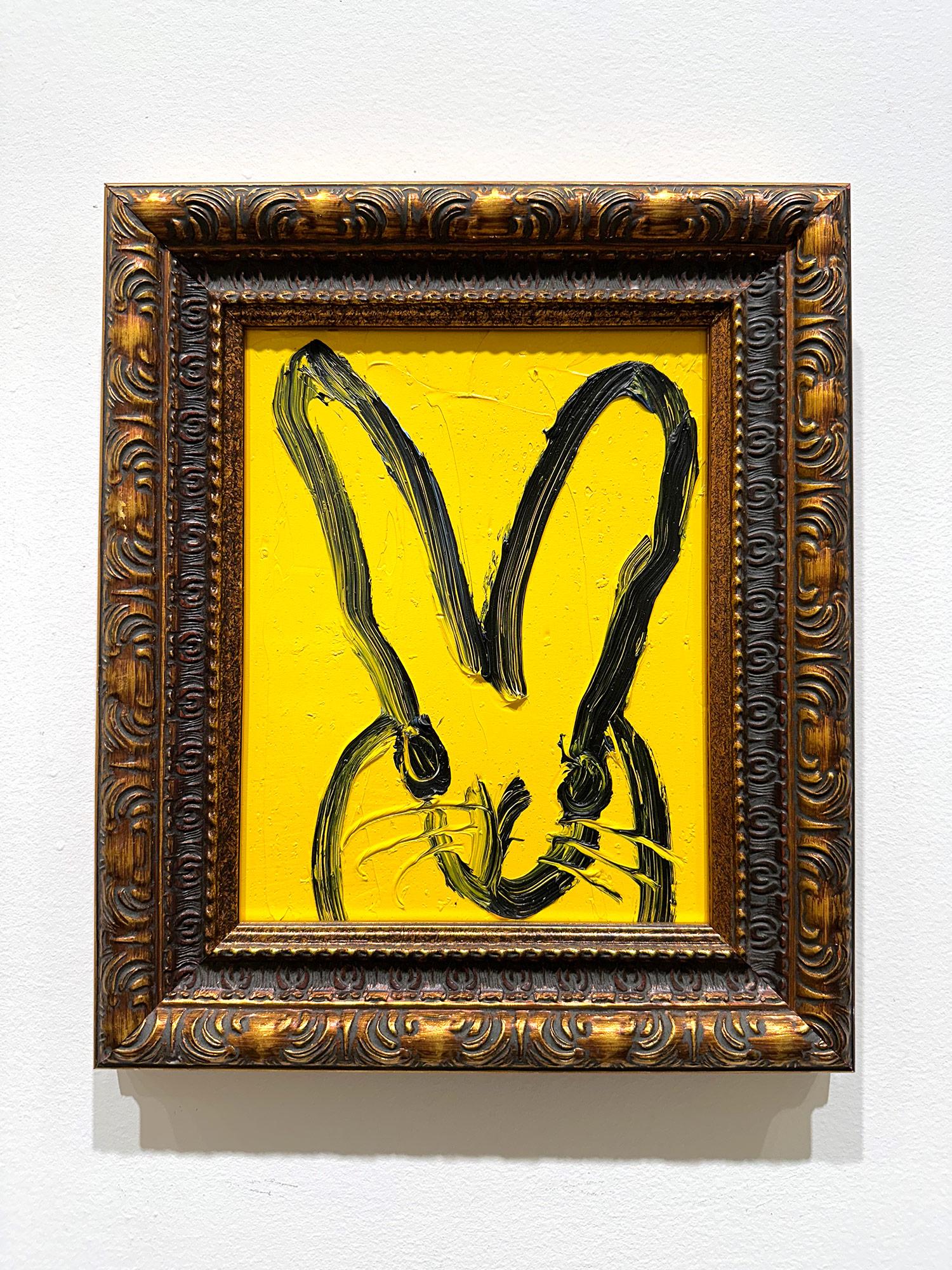 „Yellow Moon“ Schwarzes gerahmtes Ölgemälde auf Holz, schwarz, Bunny auf königsgelbem Ölgemälde im Angebot 9