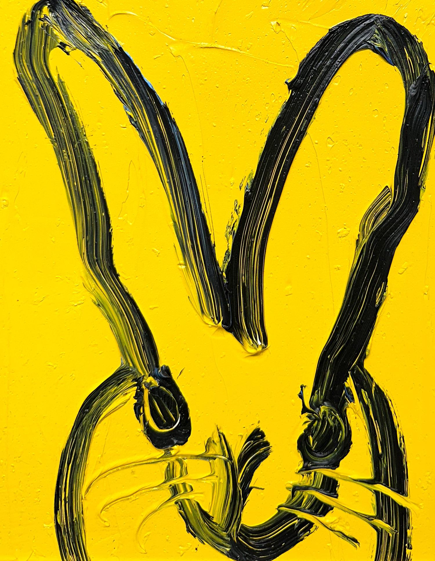 „Yellow Moon“ Schwarzes gerahmtes Ölgemälde auf Holz, schwarz, Bunny auf königsgelbem Ölgemälde – Painting von Hunt Slonem