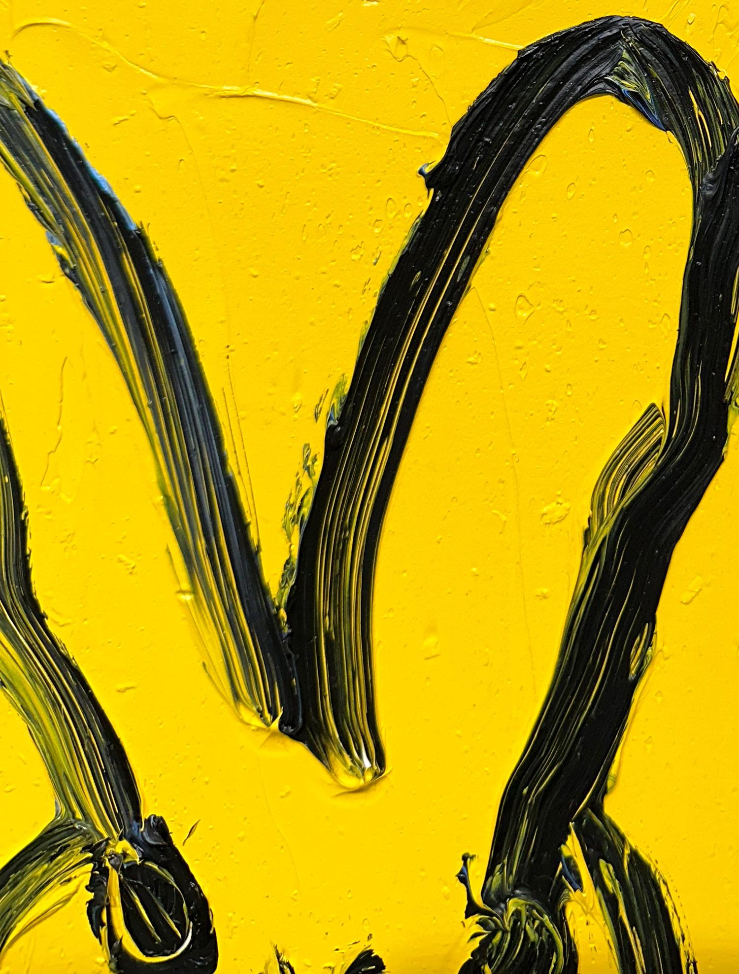 „Yellow Moon“ Schwarzes gerahmtes Ölgemälde auf Holz, schwarz, Bunny auf königsgelbem Ölgemälde (Neue Wilde), Painting, von Hunt Slonem