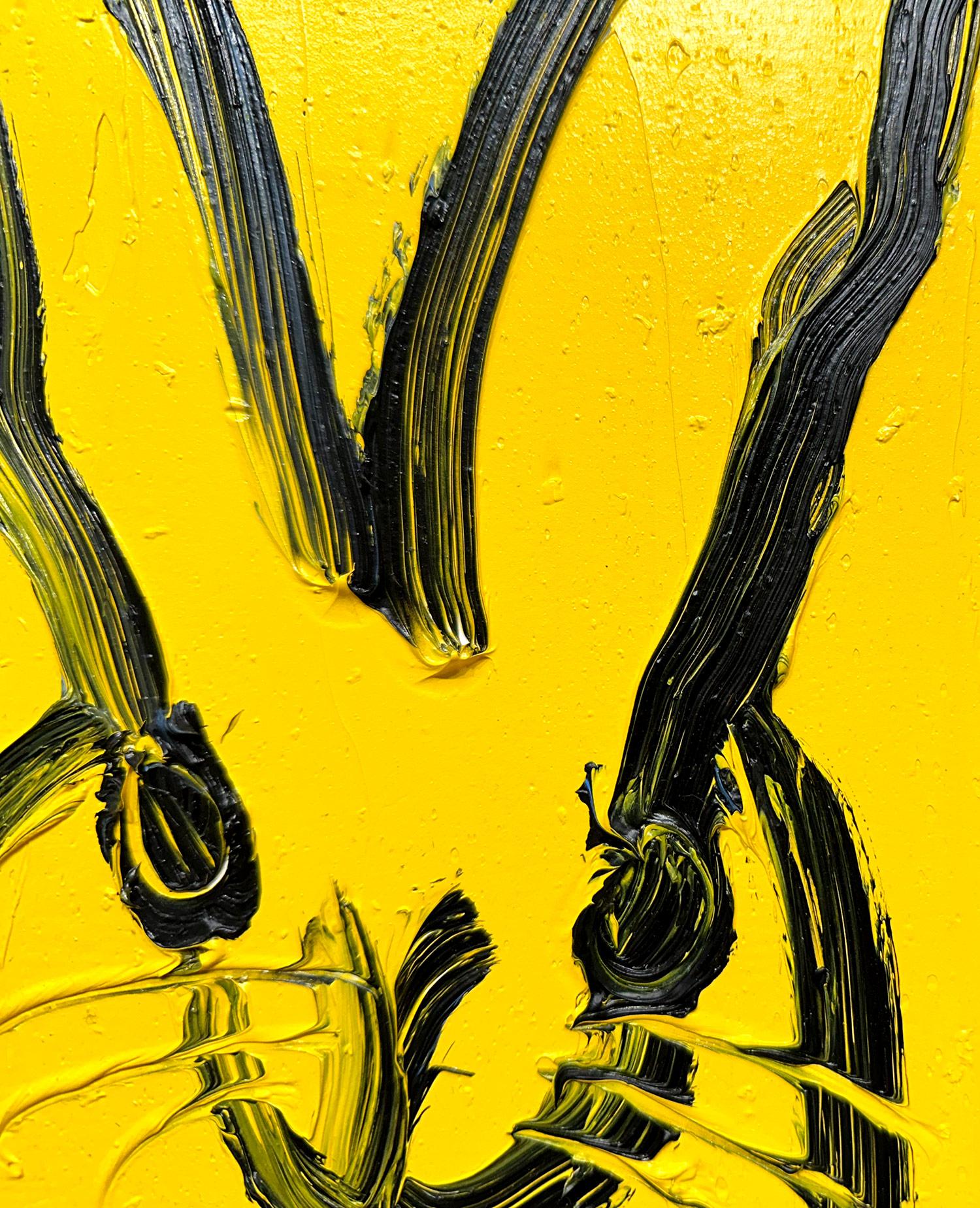 „Yellow Moon“ Schwarzes gerahmtes Ölgemälde auf Holz, schwarz, Bunny auf königsgelbem Ölgemälde im Angebot 3