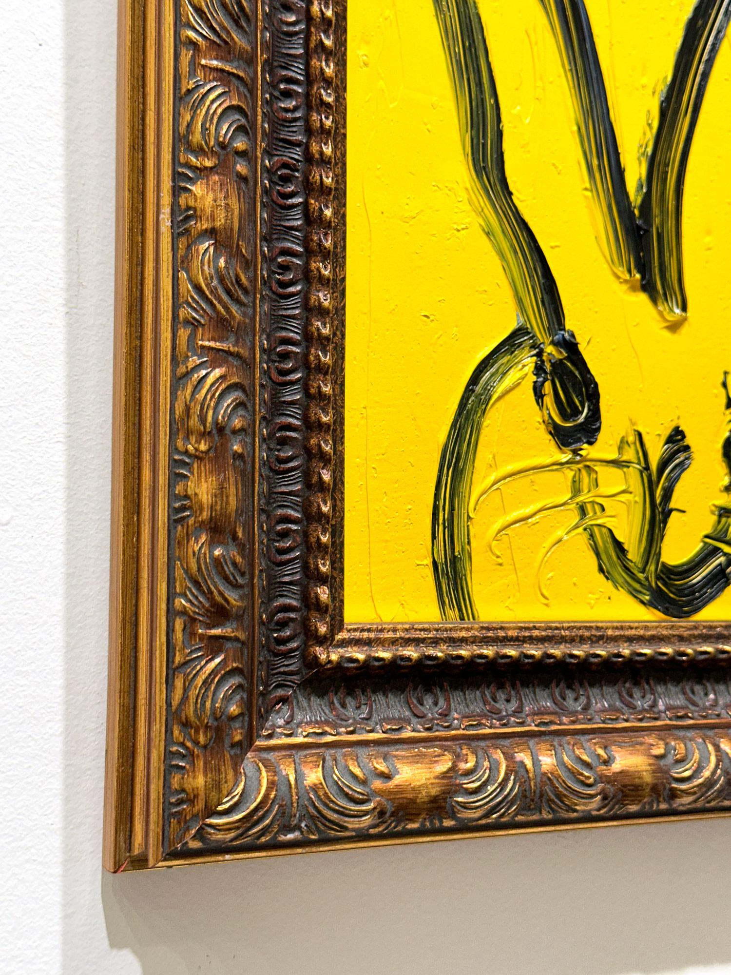 „Yellow Moon“ Schwarzes gerahmtes Ölgemälde auf Holz, schwarz, Bunny auf königsgelbem Ölgemälde im Angebot 4