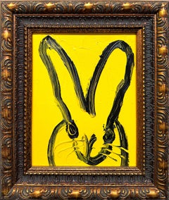 „Yellow Moon“ Schwarzes gerahmtes Ölgemälde auf Holz, schwarz, Bunny auf königsgelbem Ölgemälde