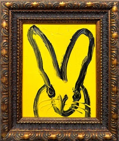 "Luna amarilla" Conejito delineado en negro sobre amarillo real Pintura al óleo sobre madera Enmarcada