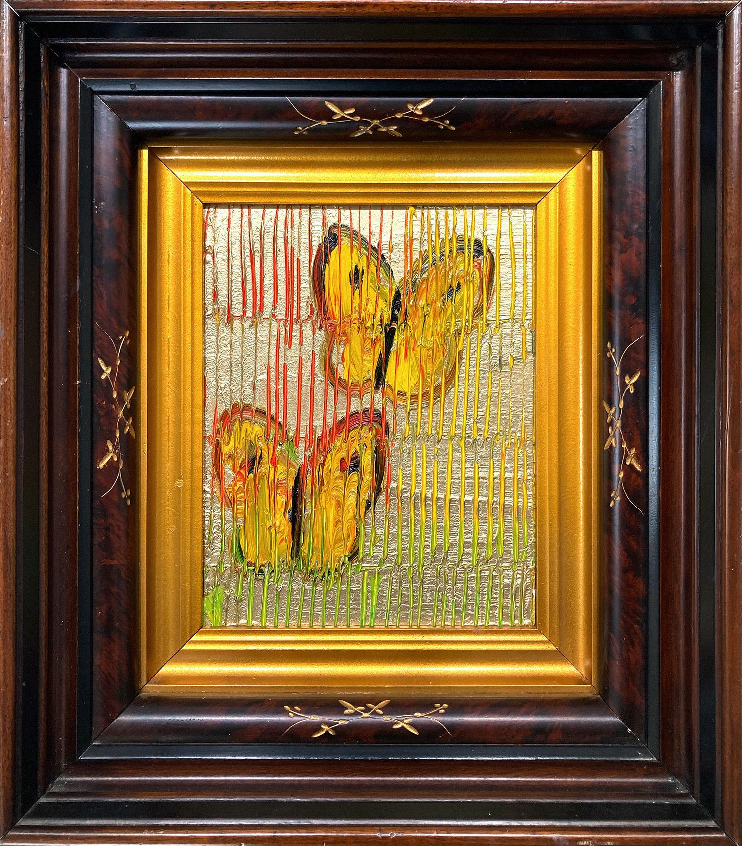 Hunt Slonem Abstract Painting - "Yellow Sulphurs" Yellow Butterflies on Gold and Silver Background with Scoring 