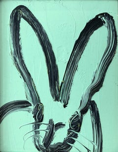 "Younger Than Springtime" Black Bunny on Turquoise Background Oil Painting Wood