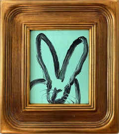 "Younger Than Springtime" Black Bunny on Turquoise Background Oil Painting Wood