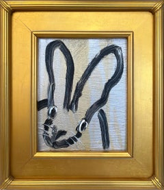 "Zero" Black Outlined Bunny on Gold and Silver Background Oil Painting Framed