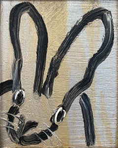Peinture à l'huile encadrée "Zero" lapin noir sur fond d'or et d'argent