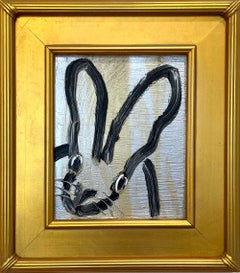 "Zero" Black Outlined Bunny on Gold and Silver Background Oil Painting Framed