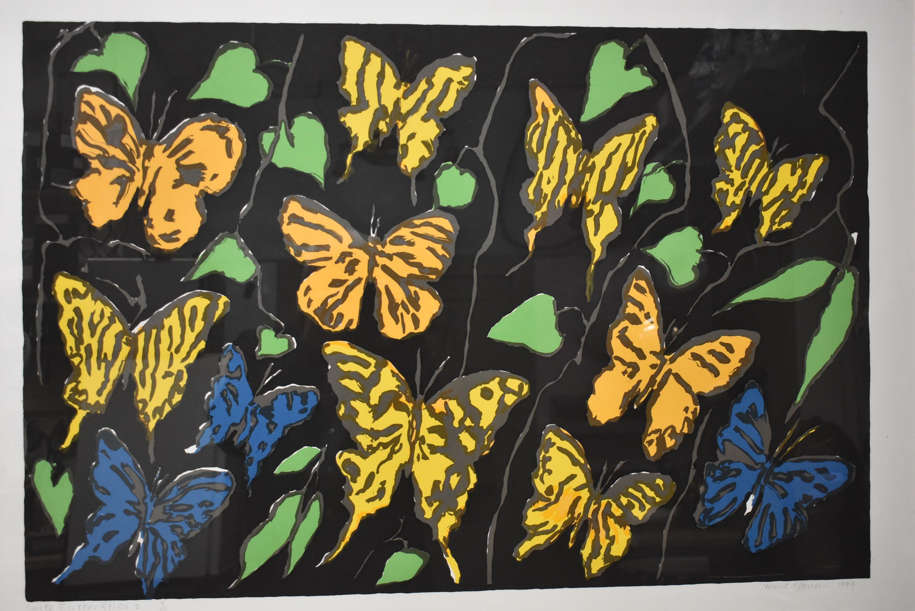 Suite Butterflies 2 print by Hunt Slonem, 1999. Very limited edition 9/10. Large yellow, orange, and blue butterflies and green leaves on a black background. Signed lower right, title and edition lower left. Overall 46 1/4 x 33 1/2