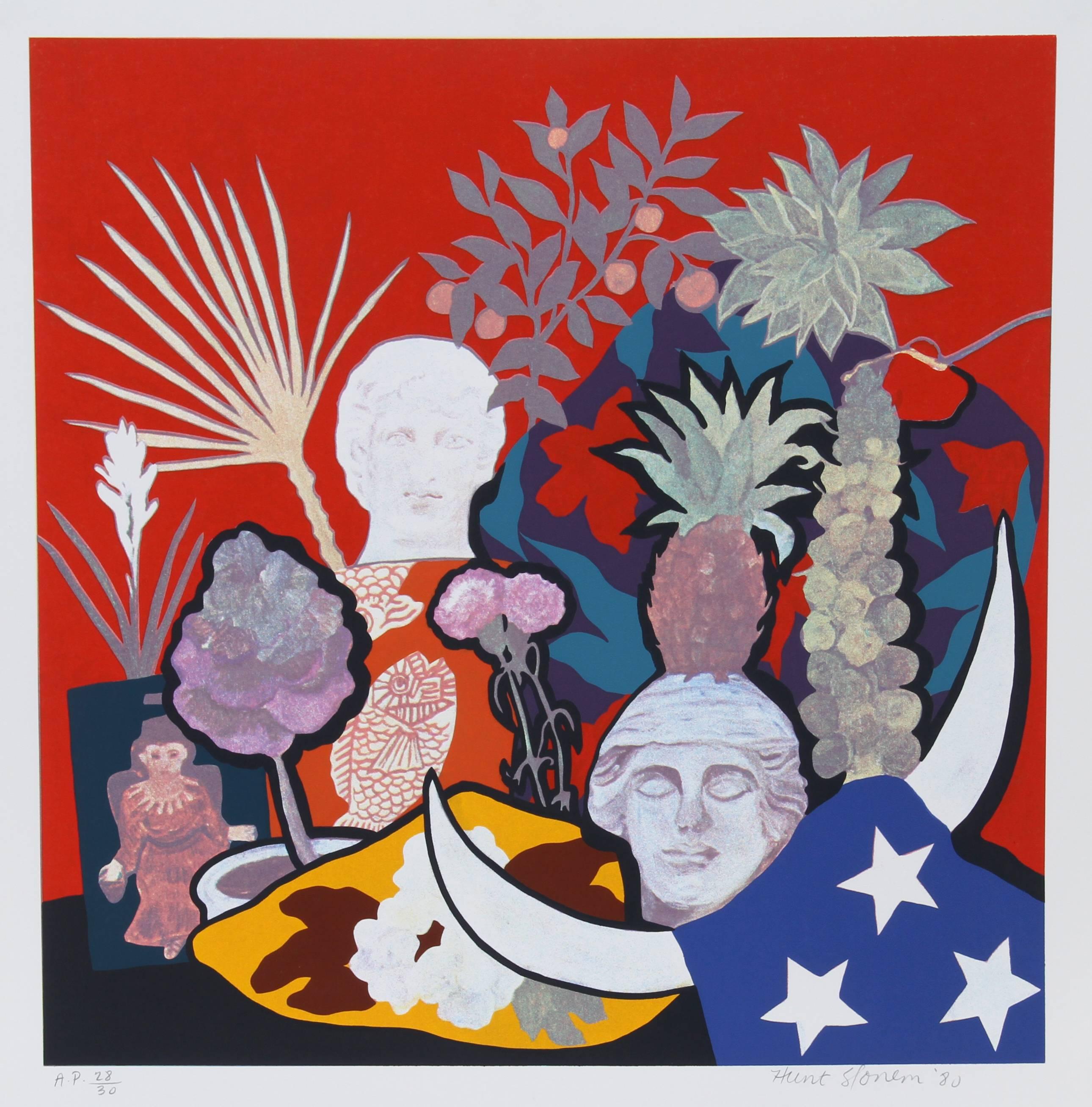 Artist:  Hunt Slonem, American (1951 - )
Title:  Horns Of Plenty
Year:  1980
Medium:  Serigraph, signed and numbered in pencil
Edition:  AP 30
Image Size:  24 x 23.5 inches
Size:  28 in. x 26 in. (71.12 cm x 66.04 cm)