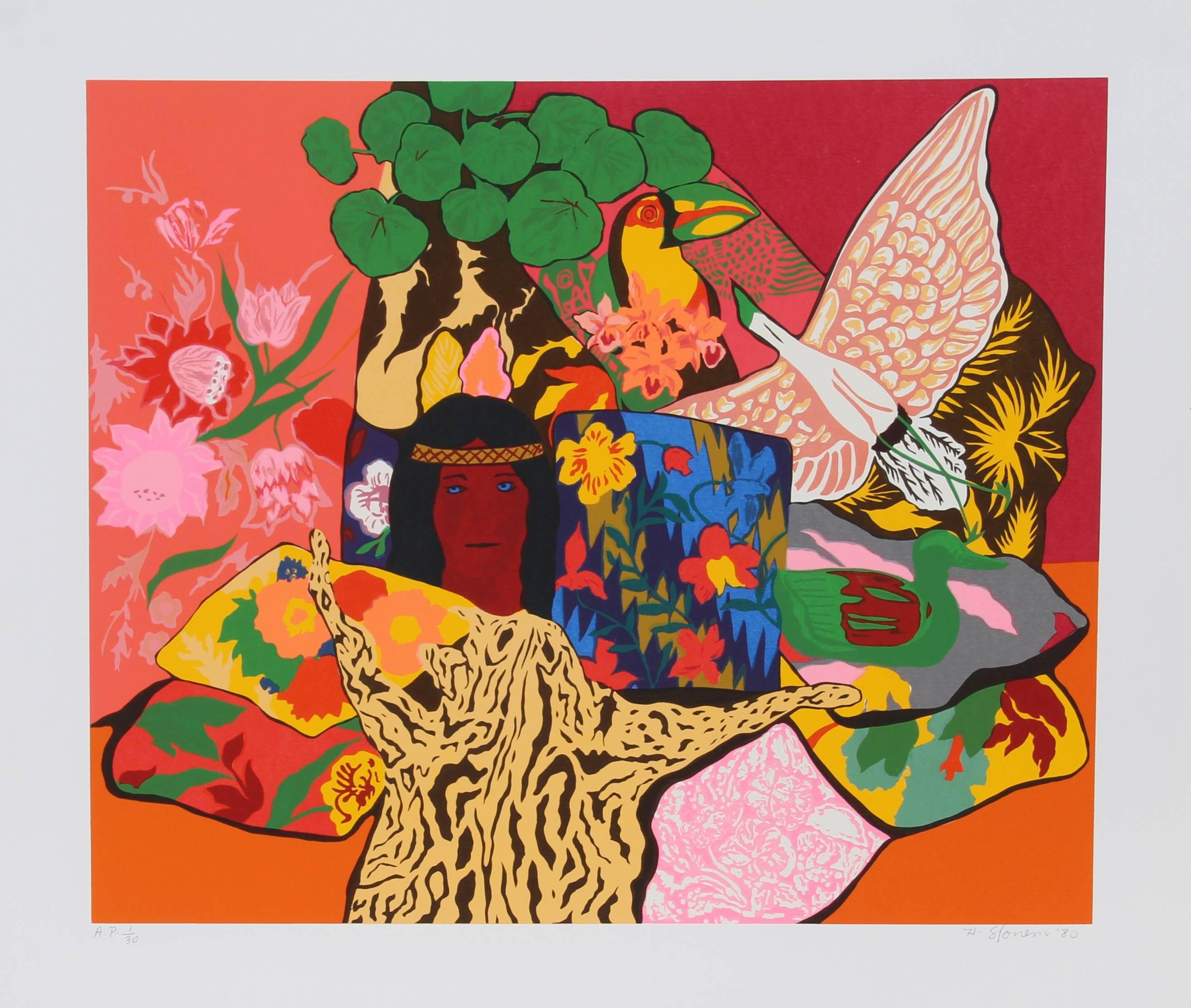 This serigraph was created by contemporary American artist Hunt Slonem. Slonem is best known for his Neo-Expressionist paintings and bright tropical palette, and his subject matter often includes tropical birds, based on a personal aviary in which