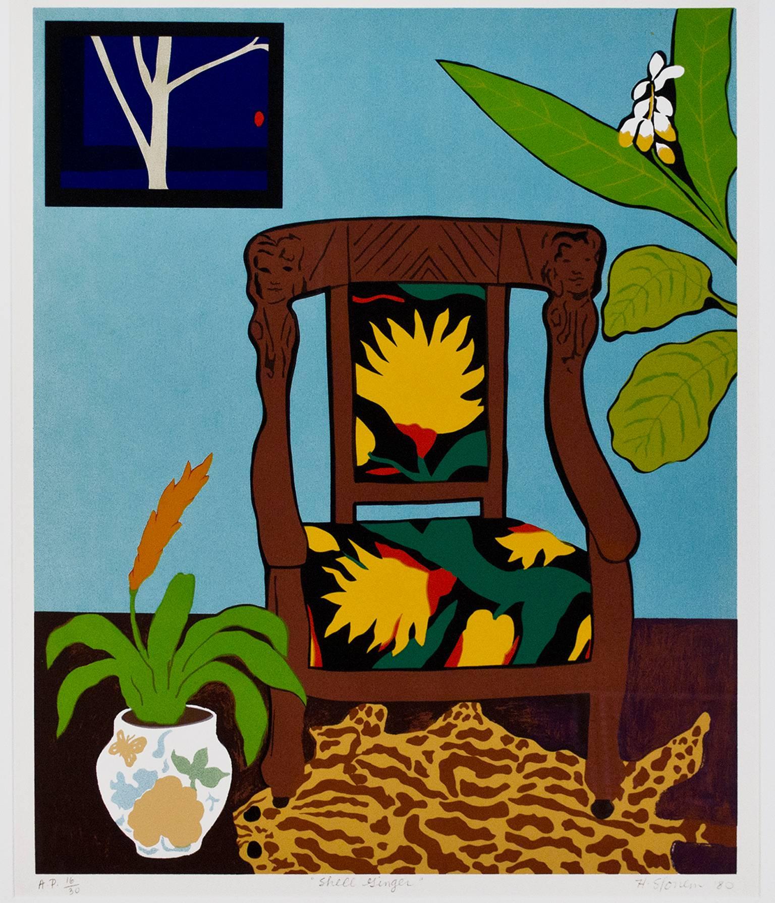 "Shell Ginger" is an original color serigraph by Hunt Slonem. The artist signed the piece in the lower right, titled it lower center, and wrote the edition number (A.P. 16/30) in the lower left. It depicts a chair with an animal skin and plants.