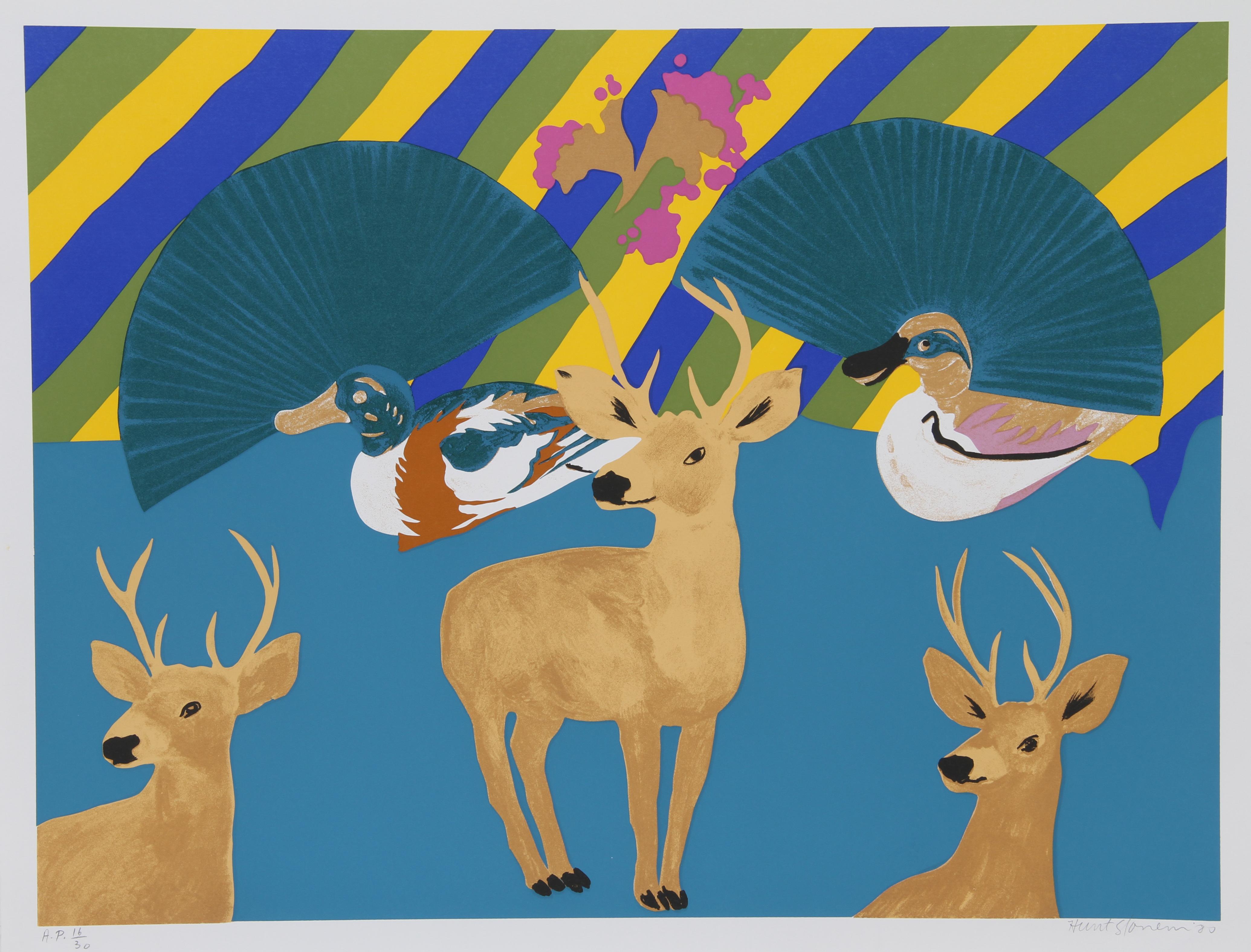 Artist:  Hunt Slonem, American (1951 - )
Title:  Three Deer
Year:  1980
Medium:  Screenprint, signed and numbered in pencil
Edition:  AP 30
Image Size:  24 x 32 inches
Size:  26 in. x 34 in. (66.04 cm x 86.36 cm)