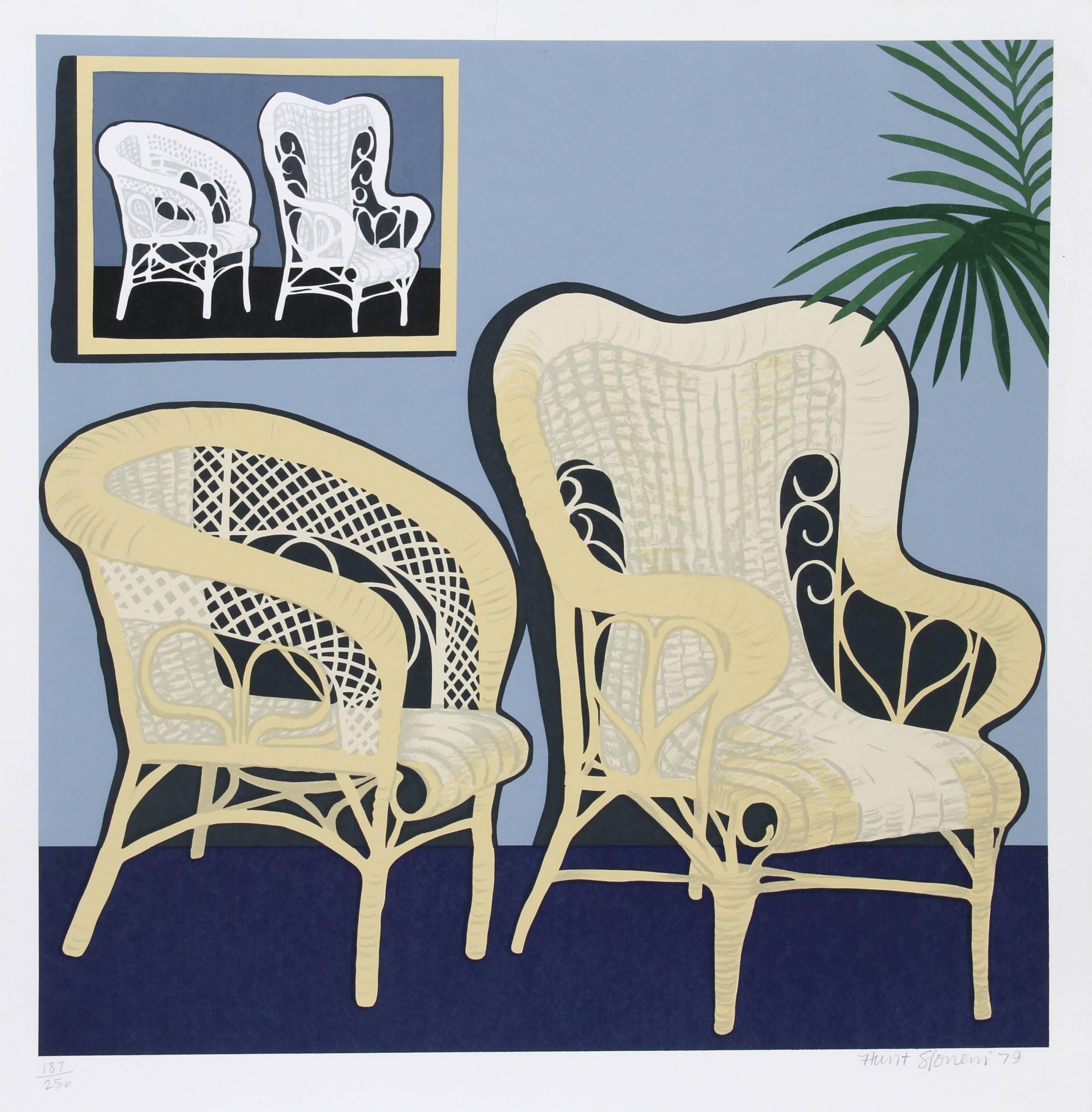 Artist:  Hunt Slonem, American (1951 - )
Title:  Two Chairs
Year:  1979
Medium:  Serigraph, signed and numbered in pencil
Edition:  250
Image Size:  24 x 24 inches 
Size:  27 in. x 26 in. (68.58 cm x 66.04 cm)