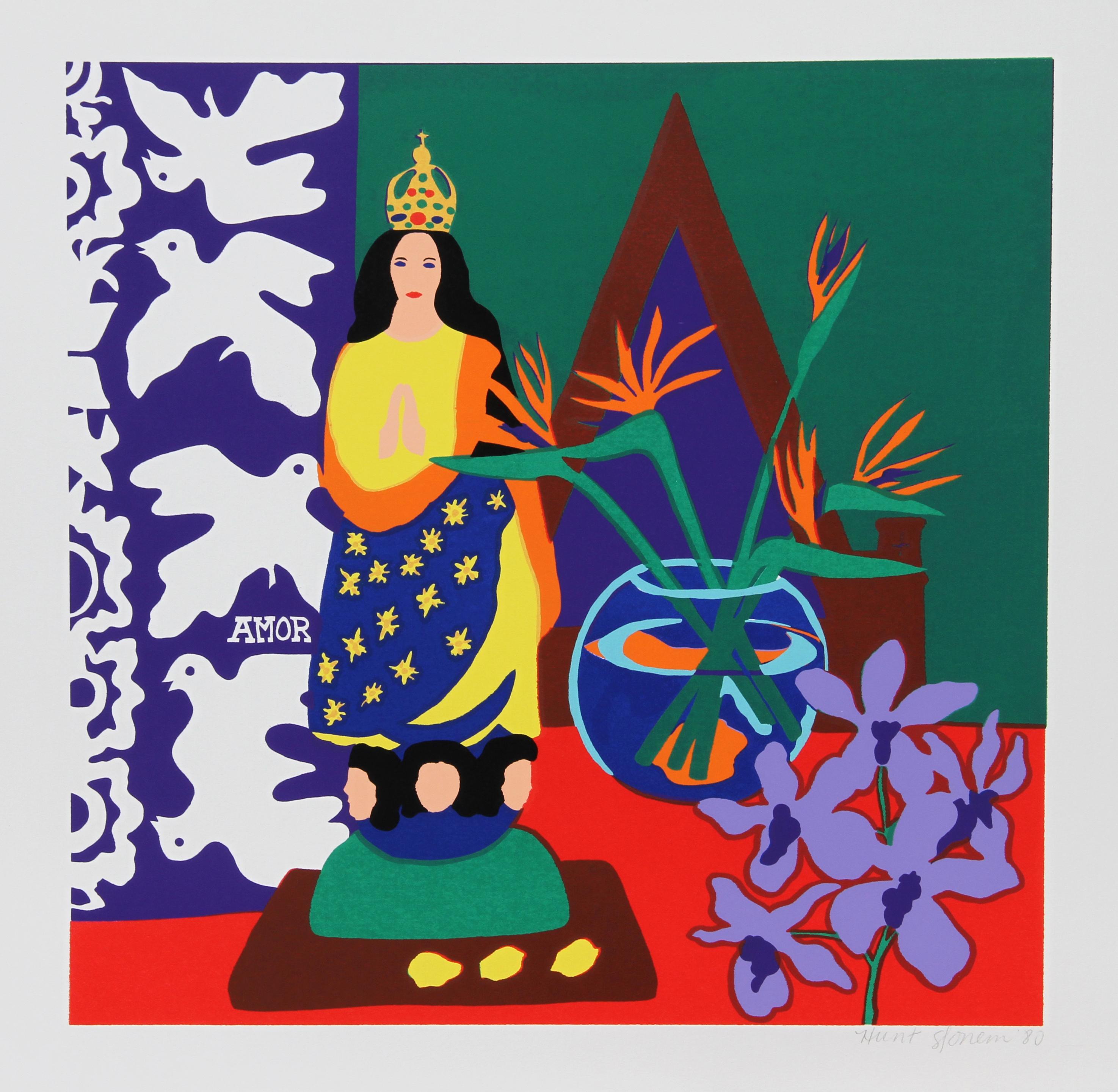 A colorful print by American Neo-Expressionist artist Hunt Slonem in his two-dimensional style. As an artist, Slonem is best known for incorporating mysticism, animal motifs, and multicultural symbols into his works, as seen in this image. The