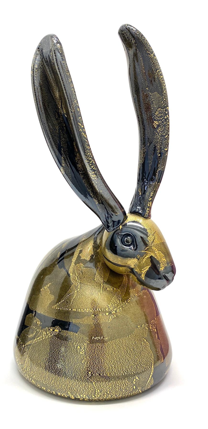 24k gold with black glass bunny - Sculpture by Hunt Slonem