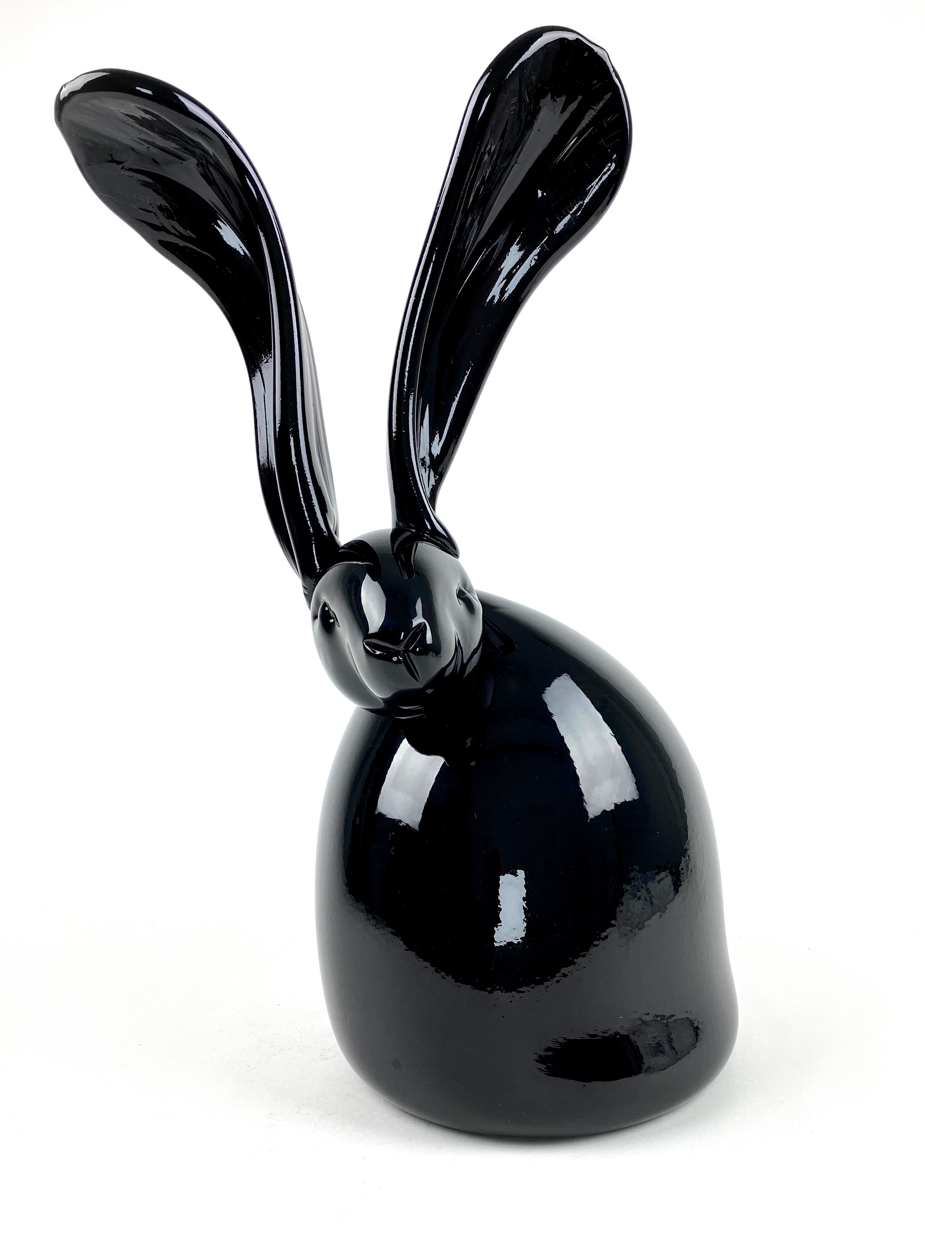 Black Onyx Bunny "Bunny Sculpture" Unique Blown Glass Sculpture