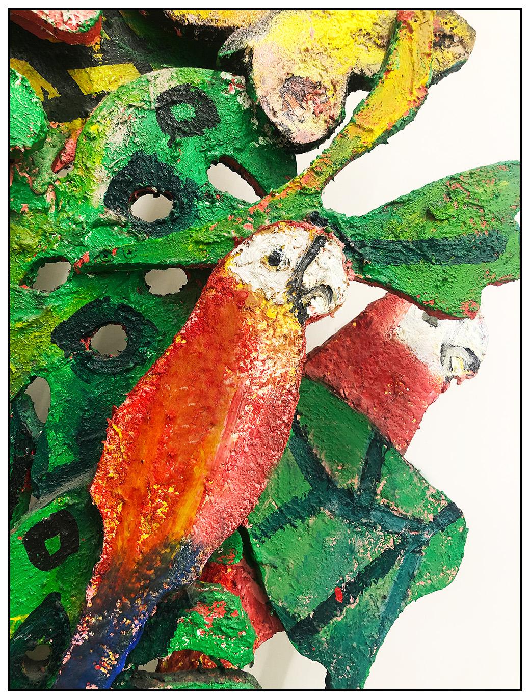 Hunt Slonem Large Original Acrylic Painting Wood Sculpture Macaws Birds Signed For Sale 3