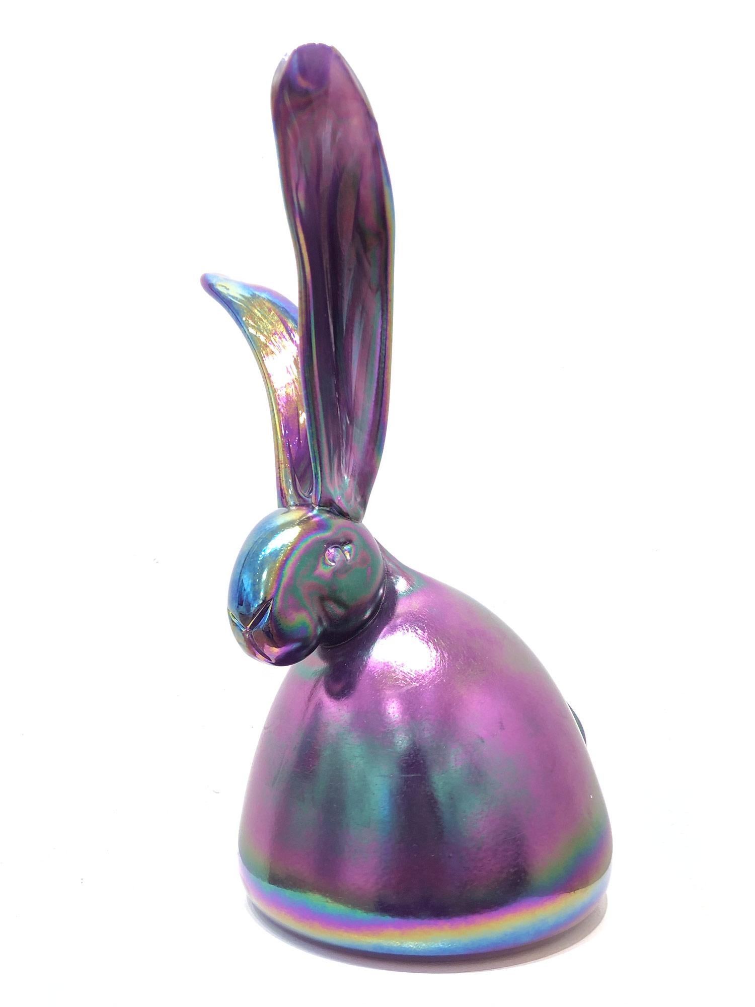 Hunt Slonem Figurative Sculpture - "Zofia" Unique Glass Blown Bunny Sculpture in an Iridescent Purple Color