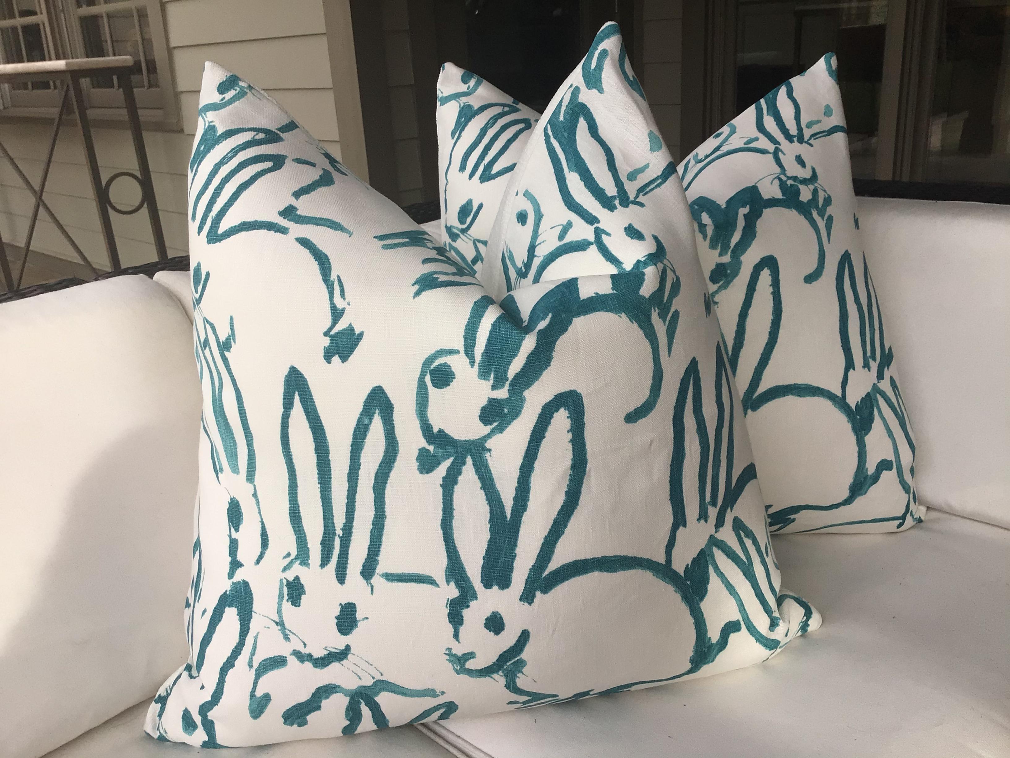 American Hunt Slonen “Bunny Hutch” in Aqua 22” Down Filled Pillows - a Pair For Sale
