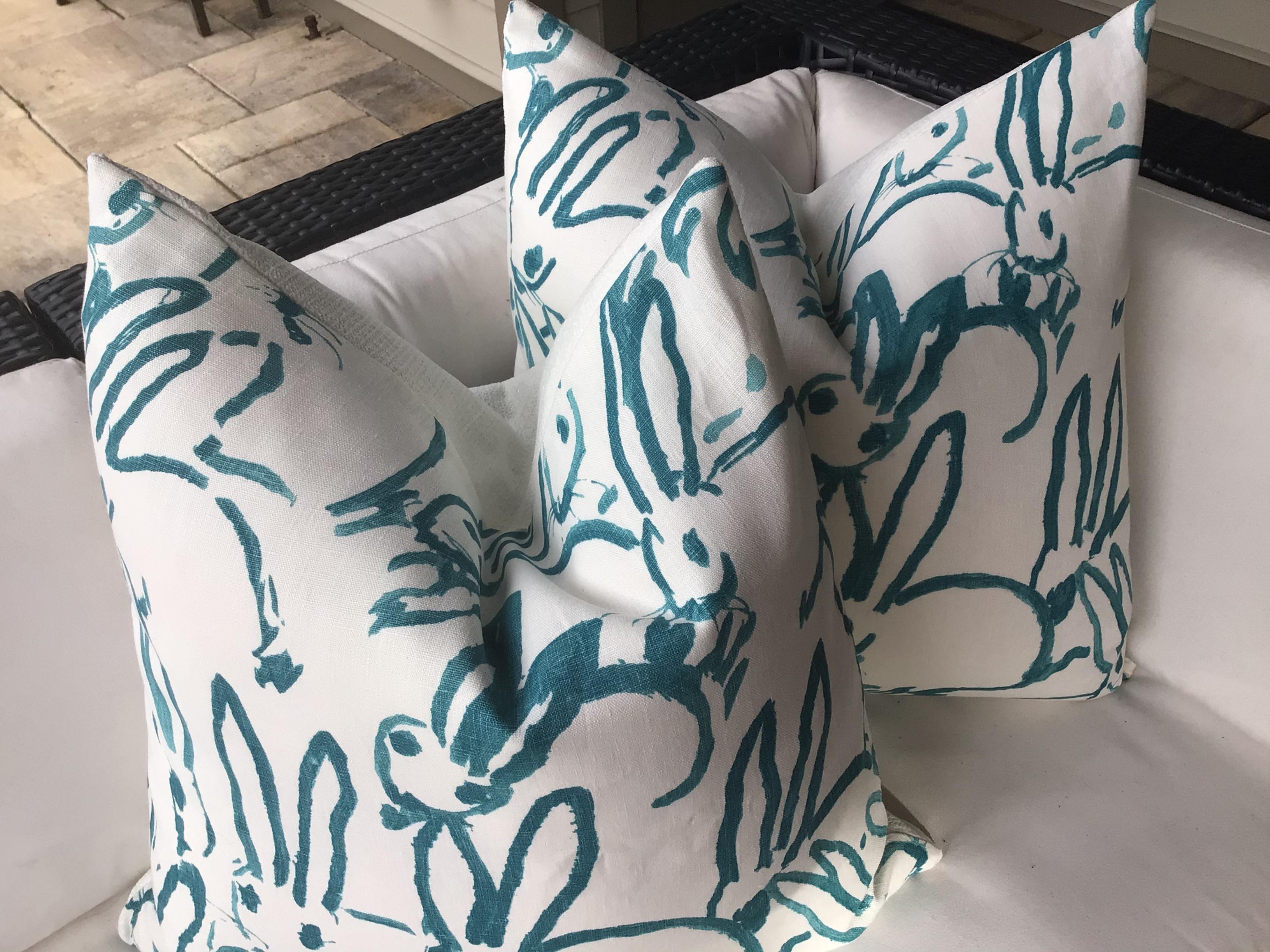 Hunt Slonen “Bunny Hutch” in Aqua 22” Down Filled Pillows - a Pair In New Condition For Sale In Winder, GA