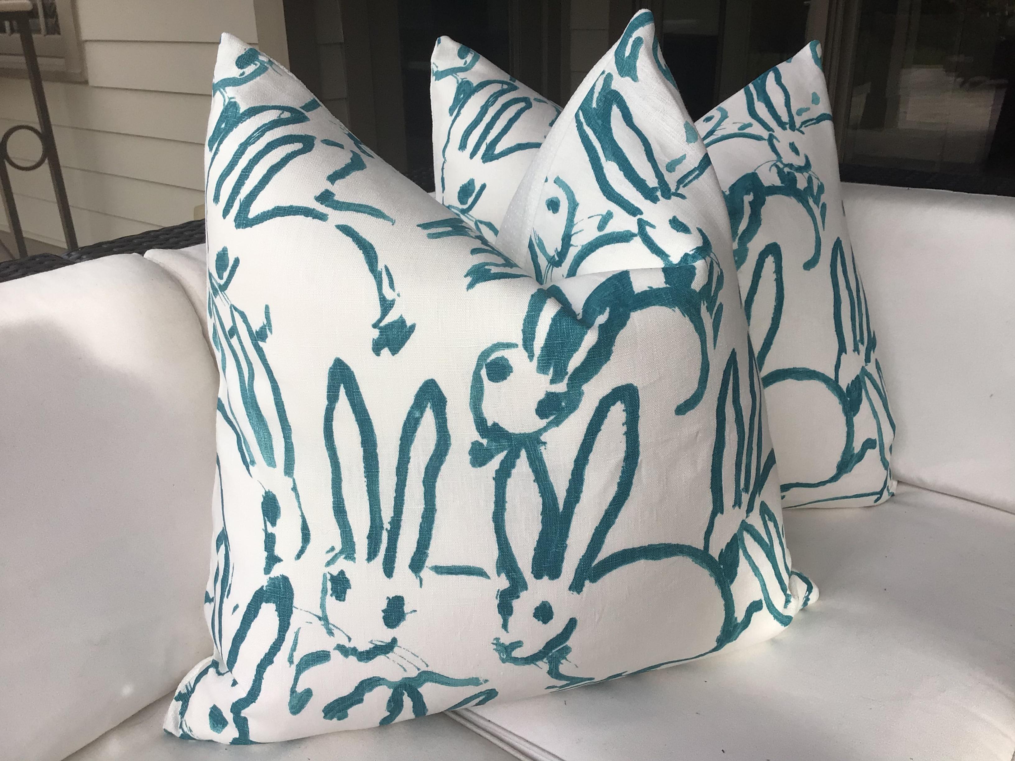 Contemporary Hunt Slonen “Bunny Hutch” in Aqua 22” Down Filled Pillows - a Pair For Sale