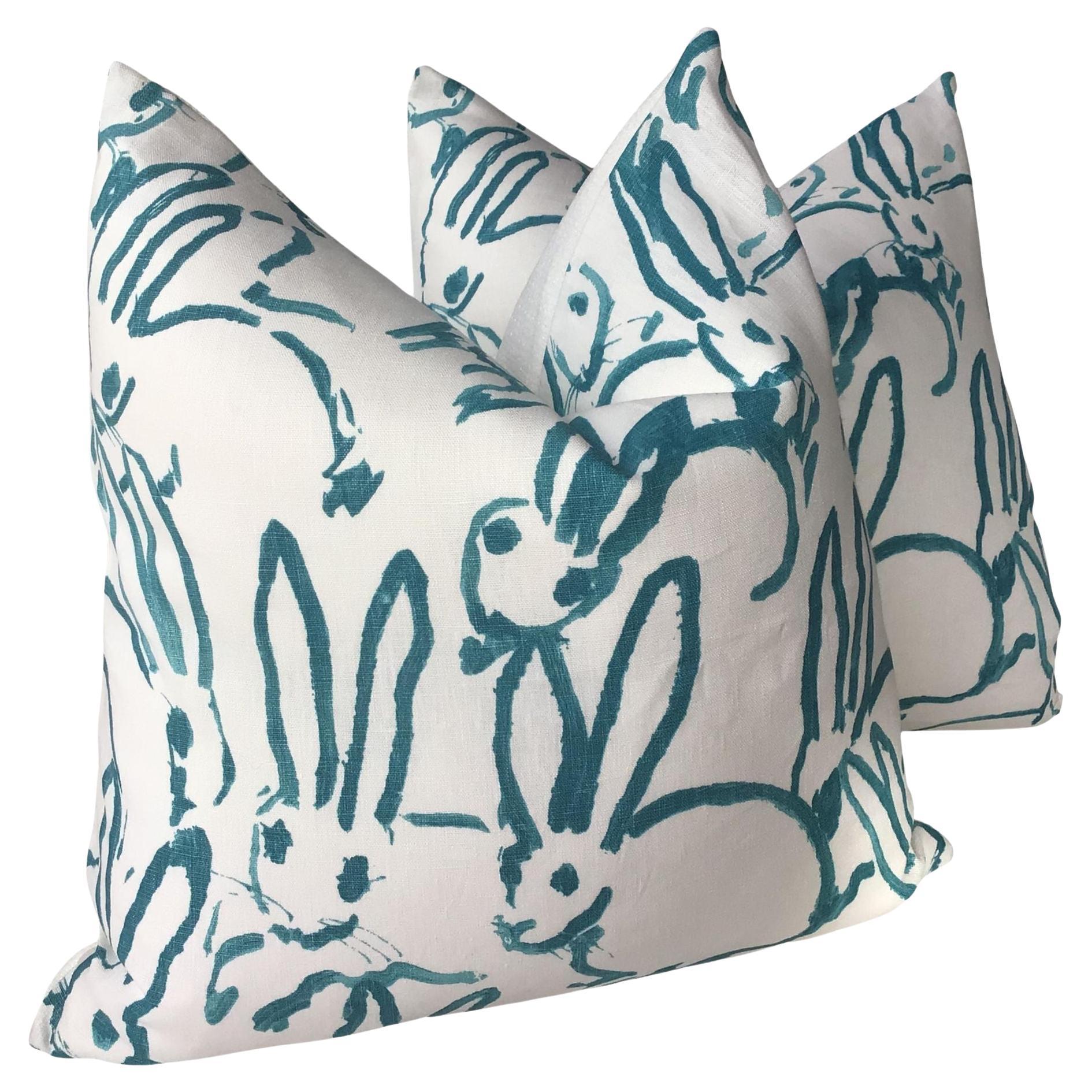 Hunt Slonen “Bunny Hutch” in Aqua 22” Down Filled Pillows - a Pair For Sale