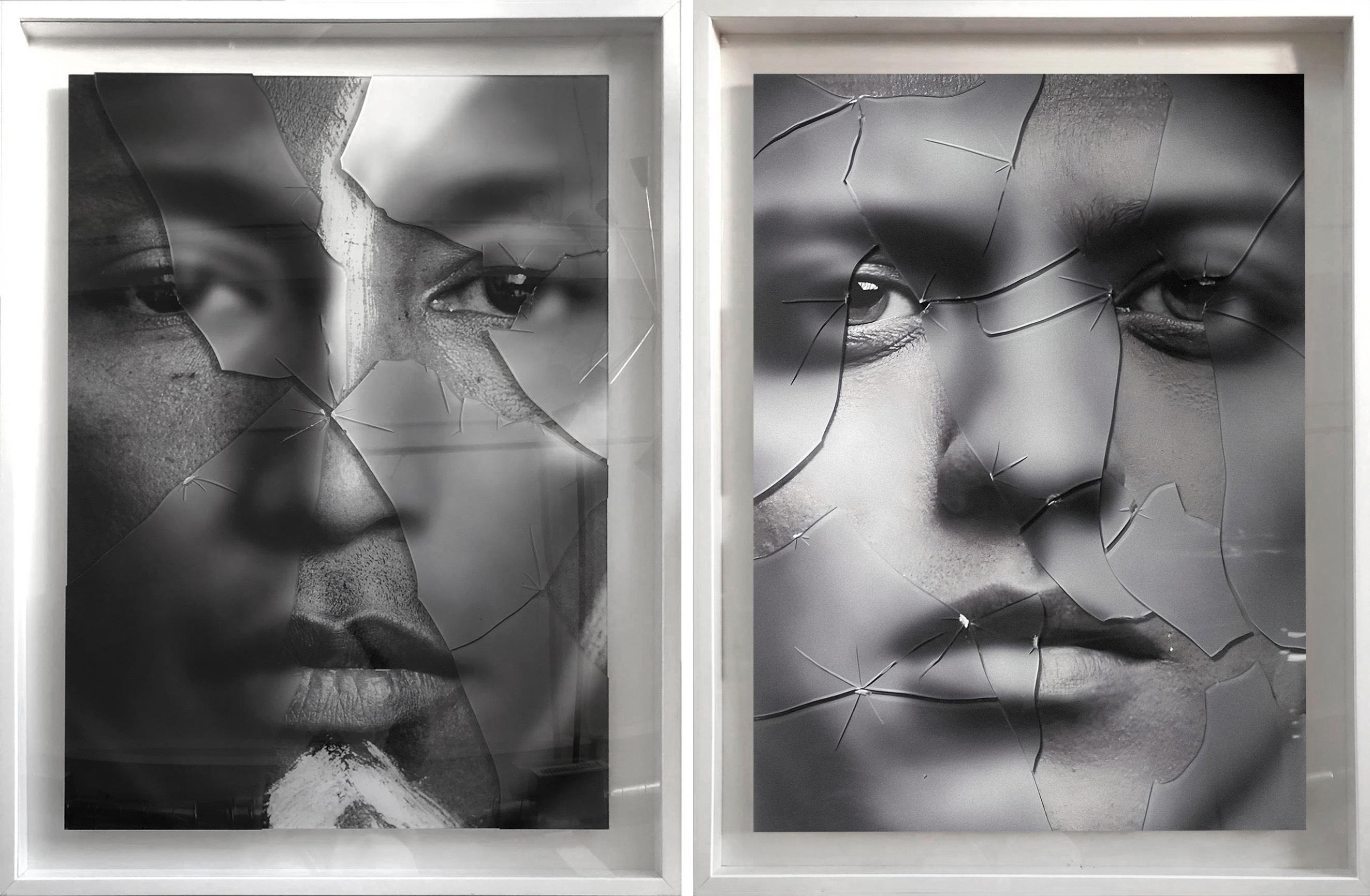 Diptych: Pharrell Williams and Bruno Mars. From the Glass Series - Mixed Media Art by Hunter & Gatti