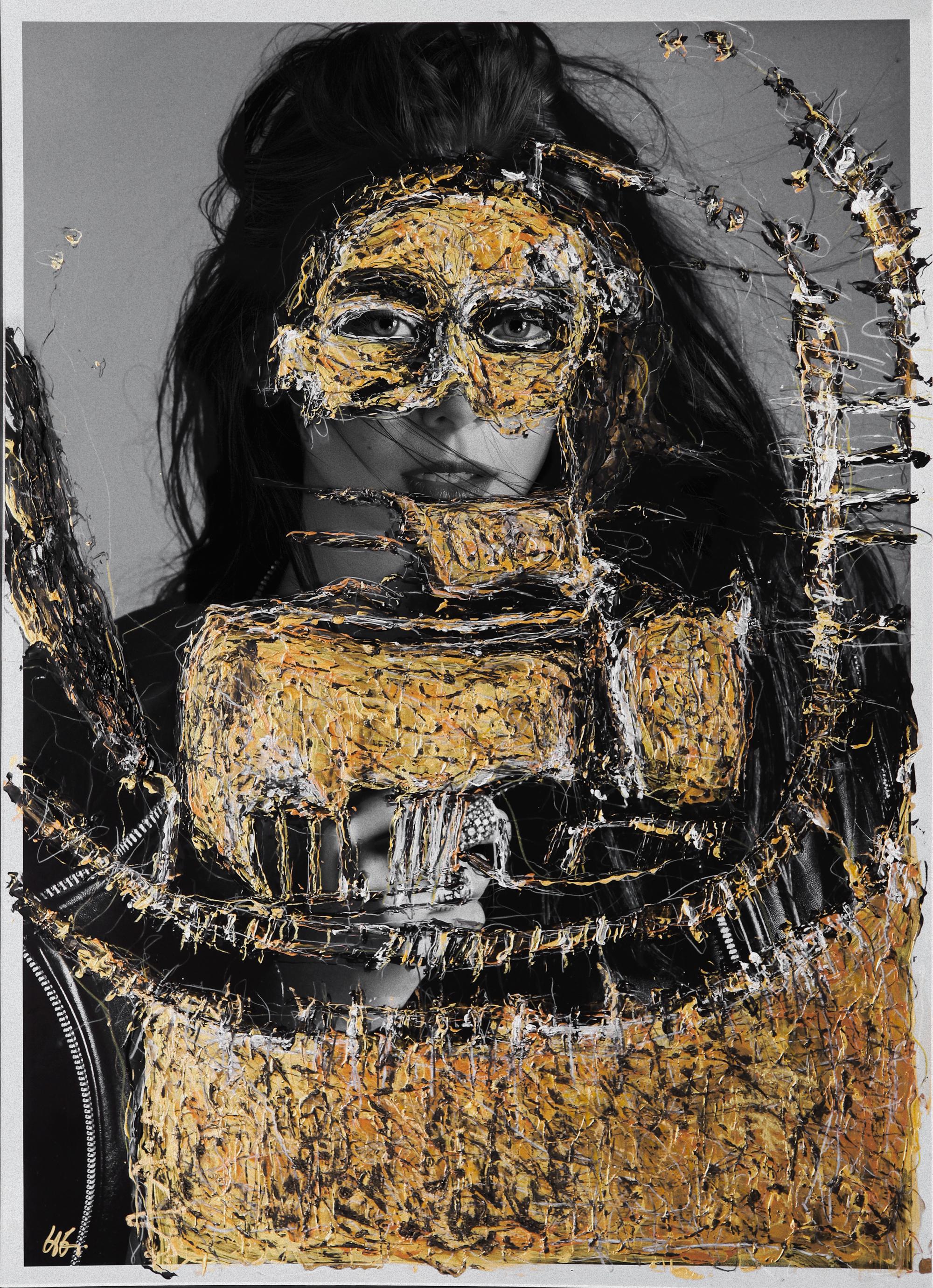 Elizabeth Olsen. Gold Edition. Portrait intervened by the artists - Contemporary Mixed Media Art by Hunter & Gatti
