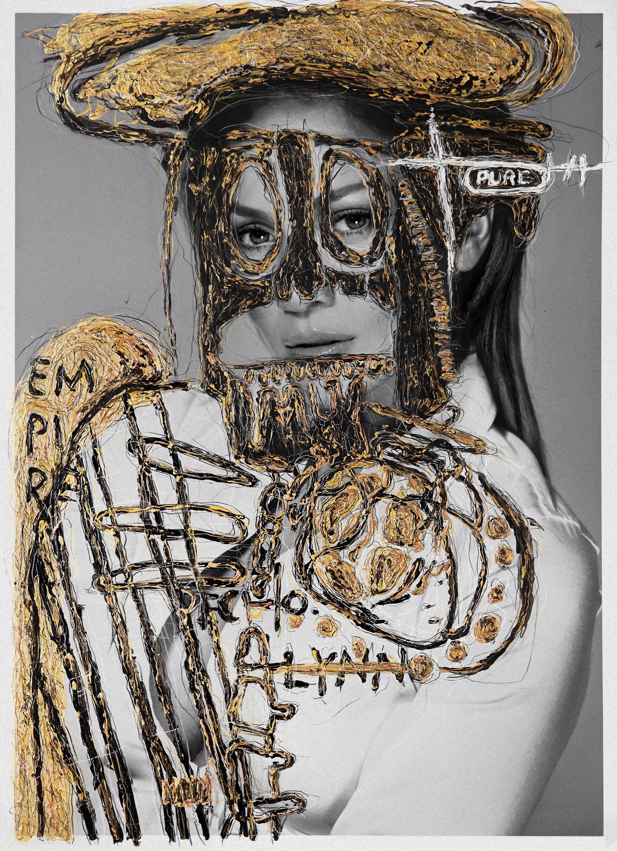 Jennifer Lopez. Gold Edition, Porträt Mit Intervention der Künstler. – Photograph von Hunter & Gatti