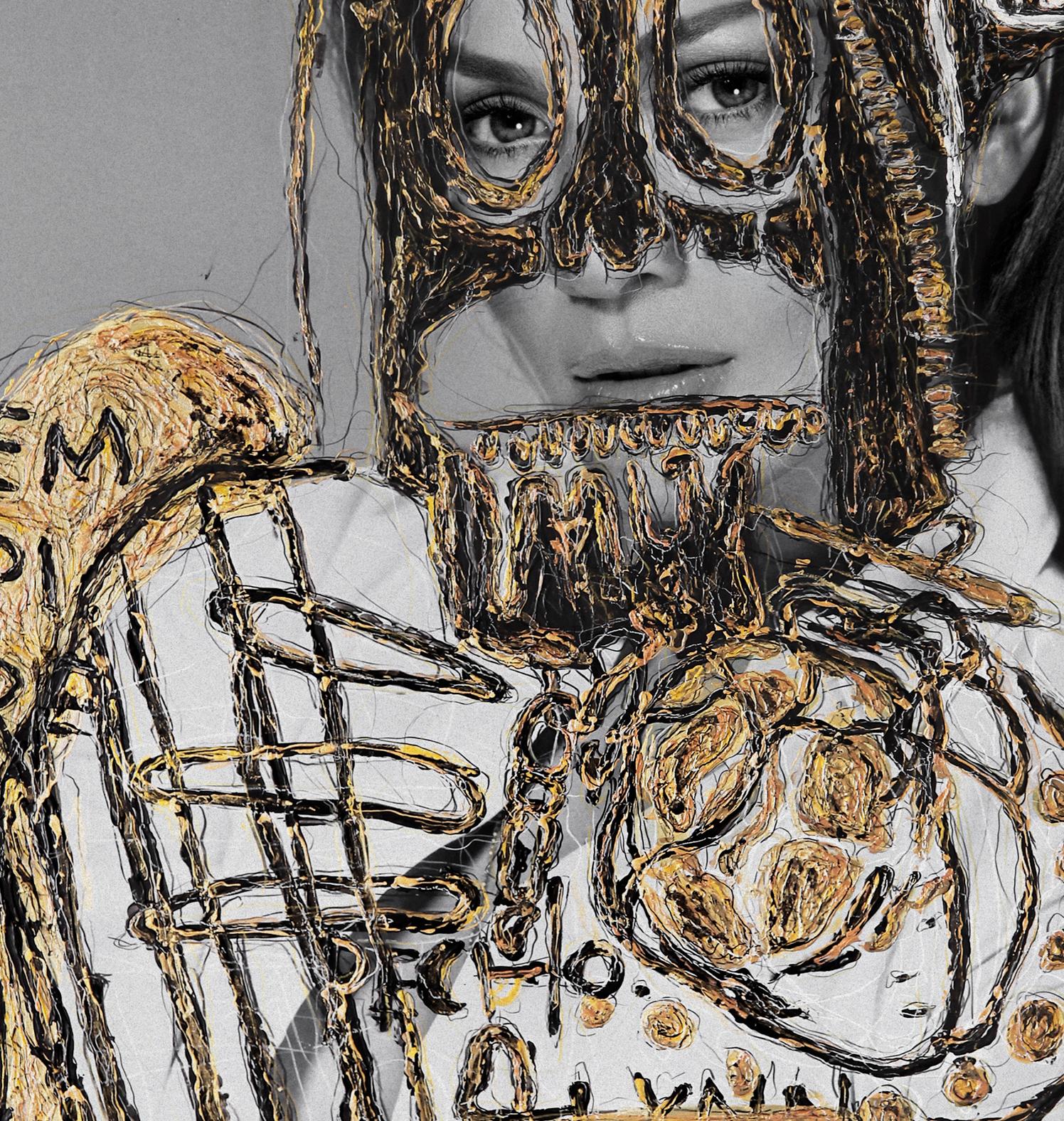 Jennifer Lopez. Gold Edition, 2017 von Hunter & Gatti
Aus der Serie von IWMYAS
Acryl und Öl-Pastell Schwarz-Weiß-Pigmentdruck
Bildgröße: 33,8 H x  24,5 W in.
Rahmengröße: 37 H x  28 B x 2 T Zoll.
Unterschriebener Rücken 
Schwarzer Holzrahmen 

Die