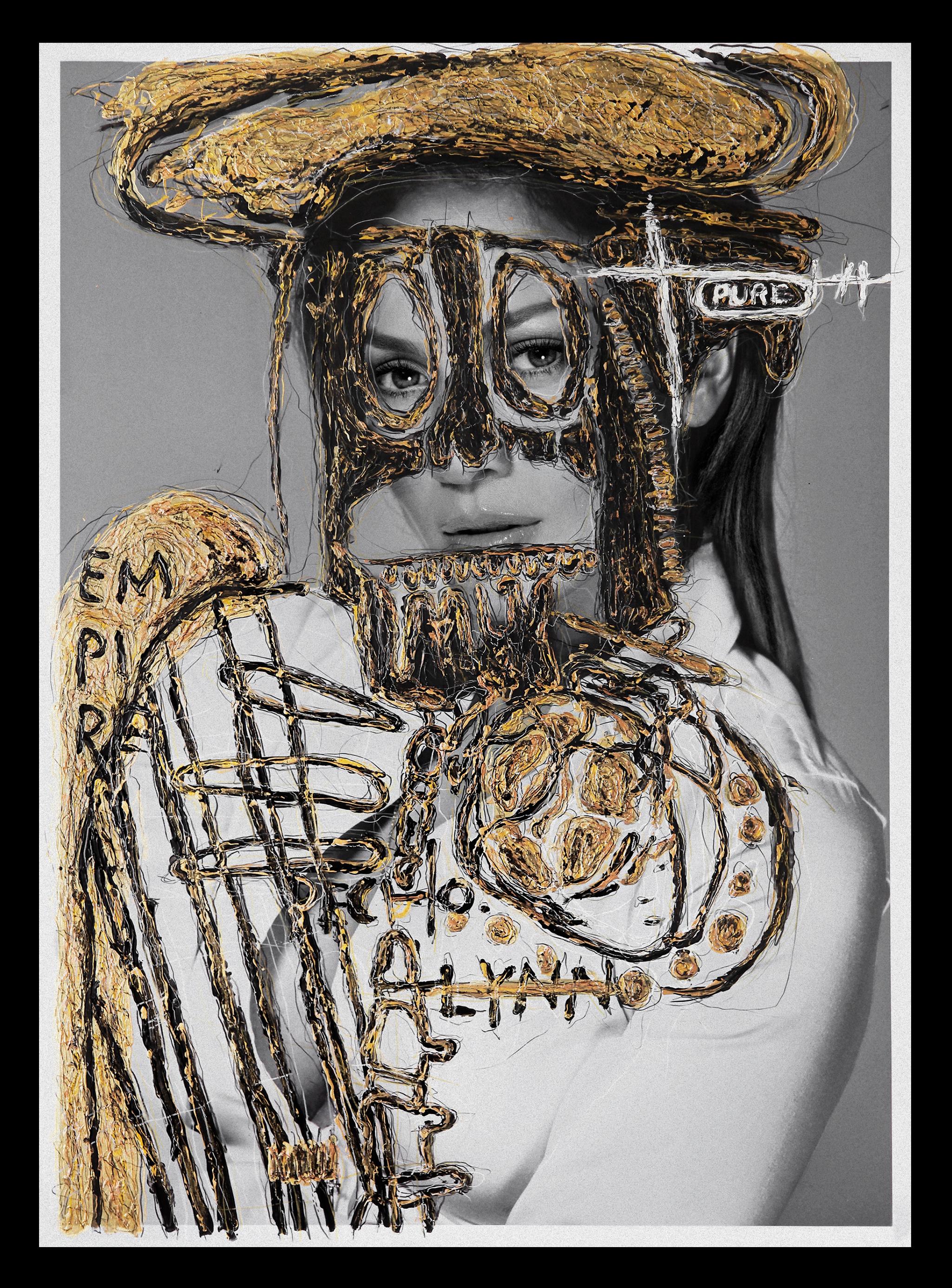 Hunter & Gatti Black and White Photograph - Jennifer Lopez. Gold Edition, Portrait Intervened by the artists.