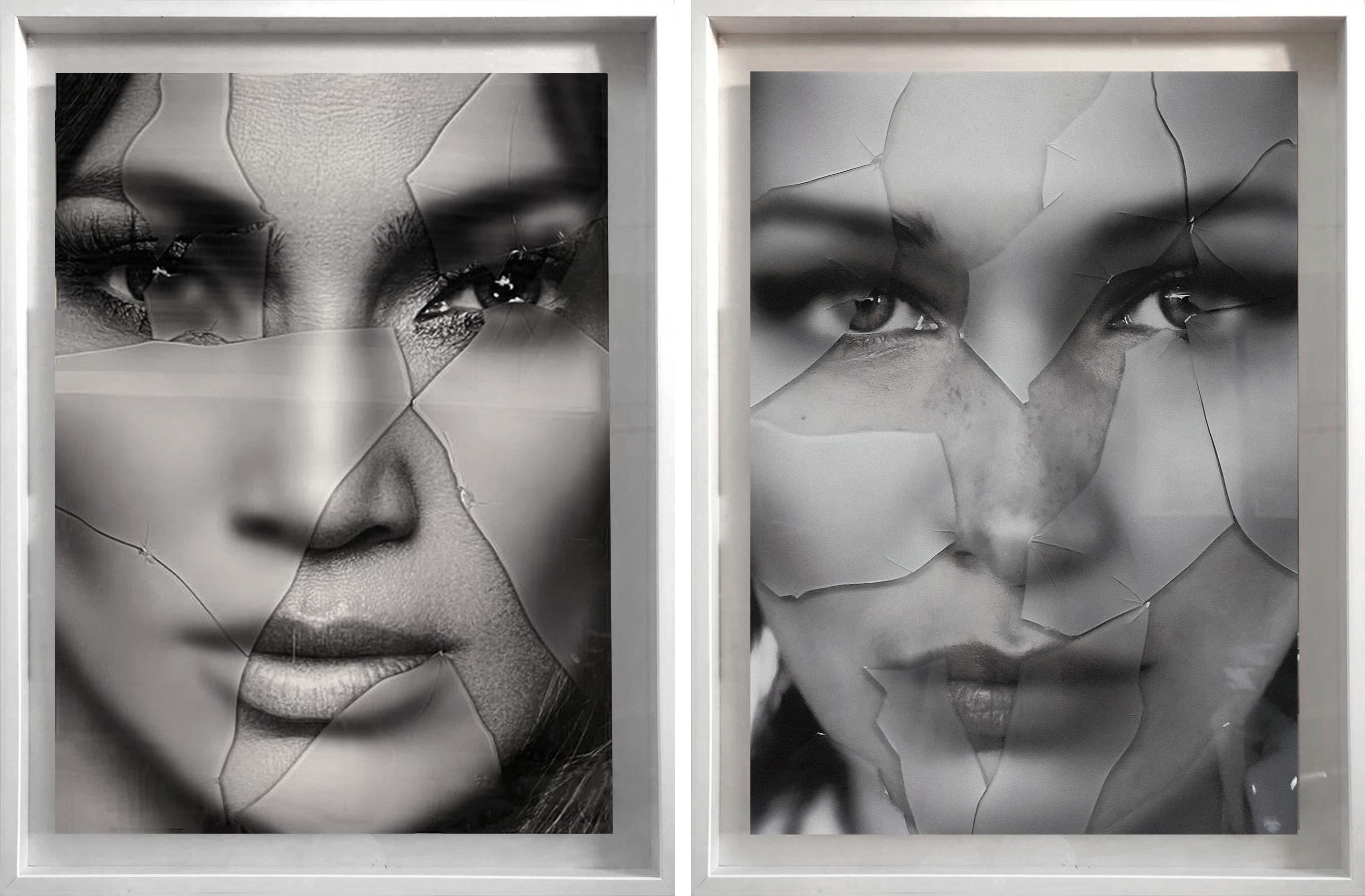 JLO Jennifer Lopez y Origianals: Bella Hadid, Díptico. De la serie Vidrio - Mixed Media Art de Hunter & Gatti