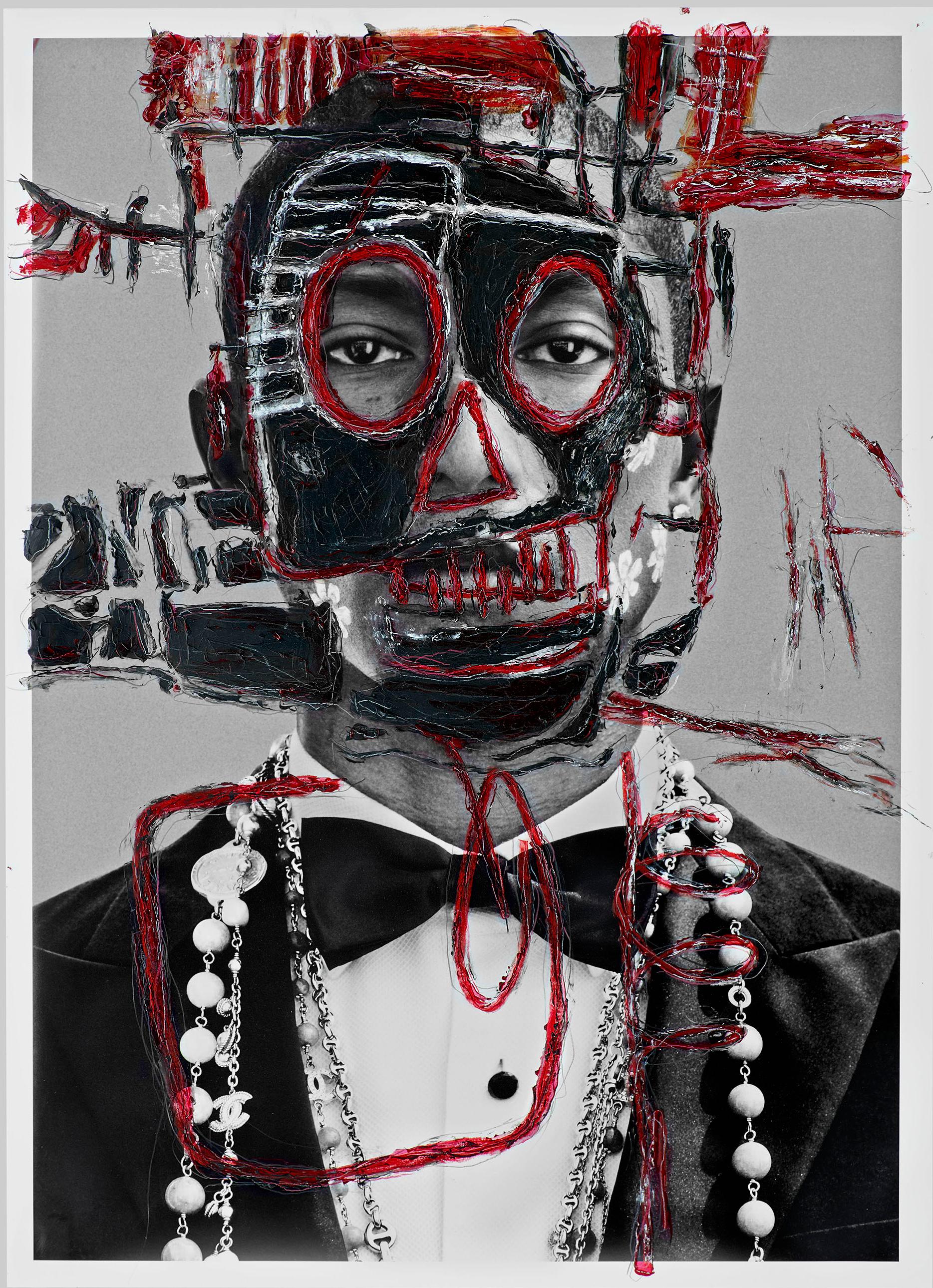 Pharrell B&W Photo intervened by the artists  . From The IWMYAS series.  - Photograph by Hunter & Gatti