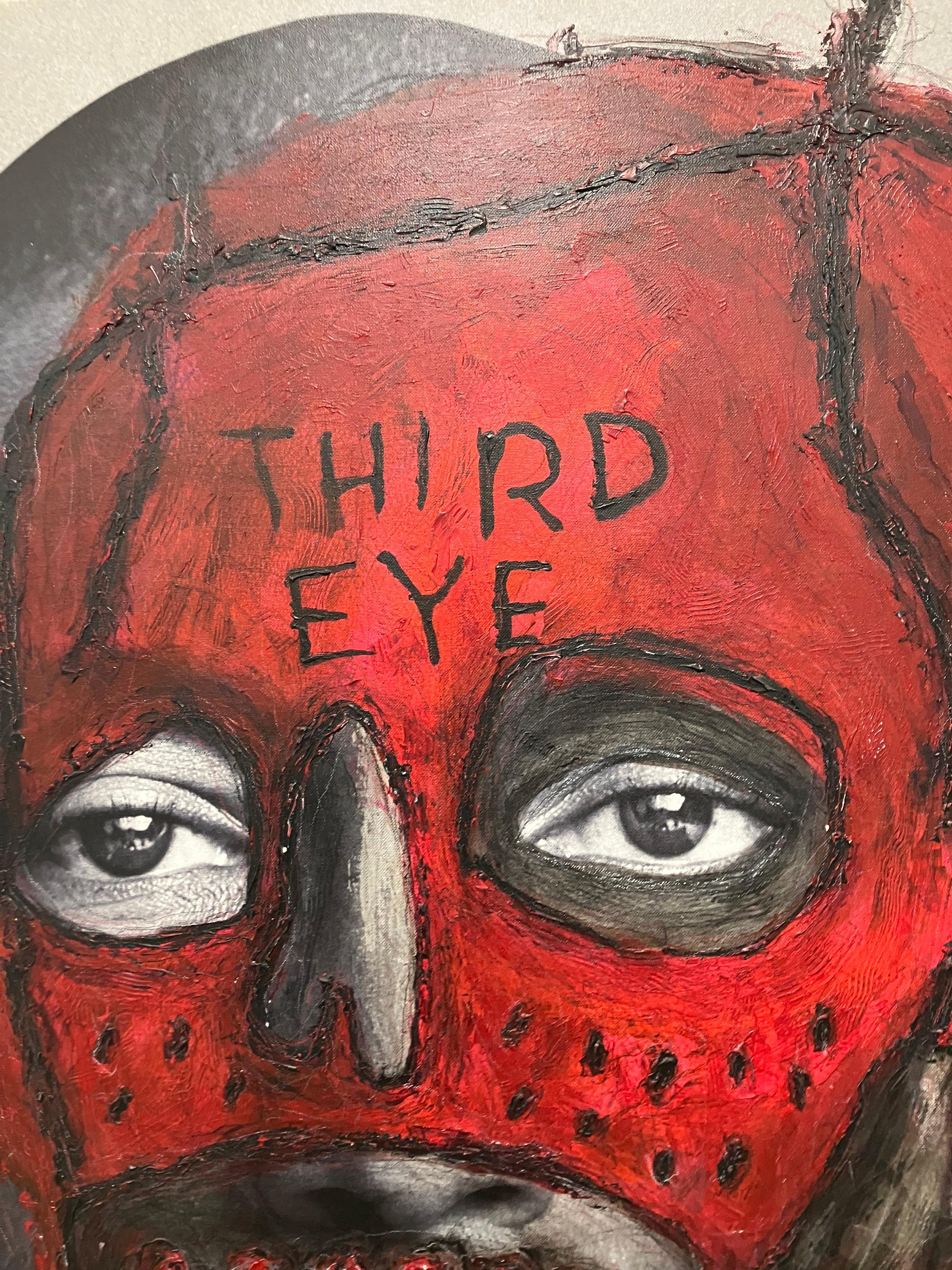 Pharrell Williams, Third Eye, 2017 by Hunter & Gatti
From The series, I will make you a star
Acrylic paint, Oil pastel pigment print on canvas. 
Size: 74 H x 52 W in. 
Mixed Media
Signed front and signed back 
Mounted on a stretcher


