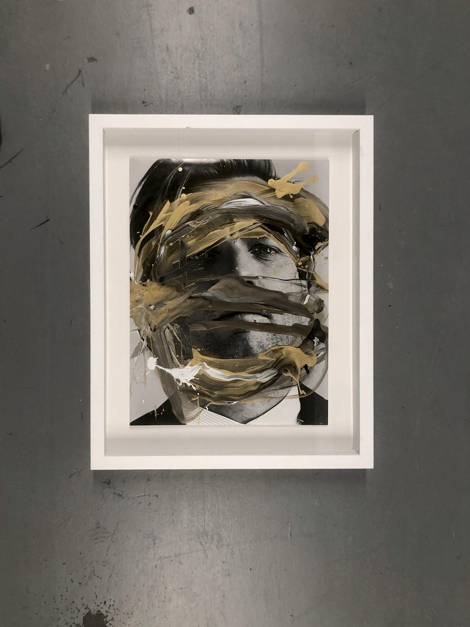 Ewan Mcgregor Portrait, 2015 by Hunter & Gatti
Acrylic & Oil on Pigment Print
Image size: 19.5 in H x 14.5 in W
Frame size: 29 in H x 25 in W x 2 in D
Signed back with the date.
White wood Frame

Black and white Photography 
Intervened by the