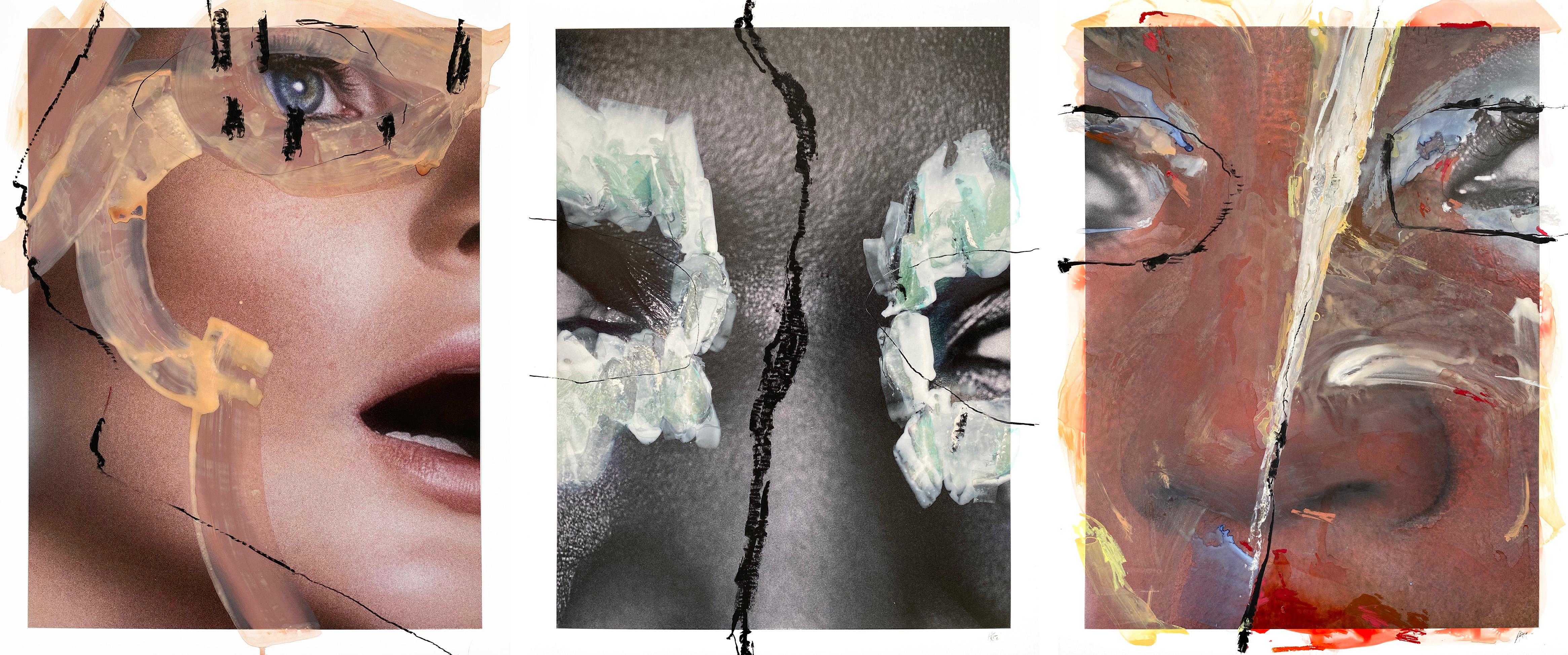 E, O and V. Triptych. Mixed media portrait